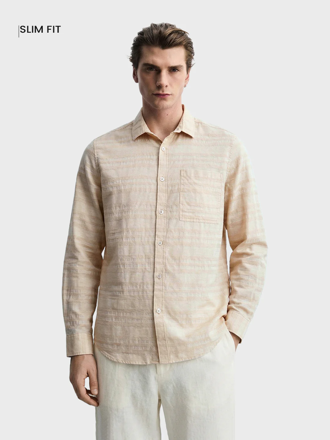 Men's Cream Slim Fit Striped Casual Shirt - Image 2
