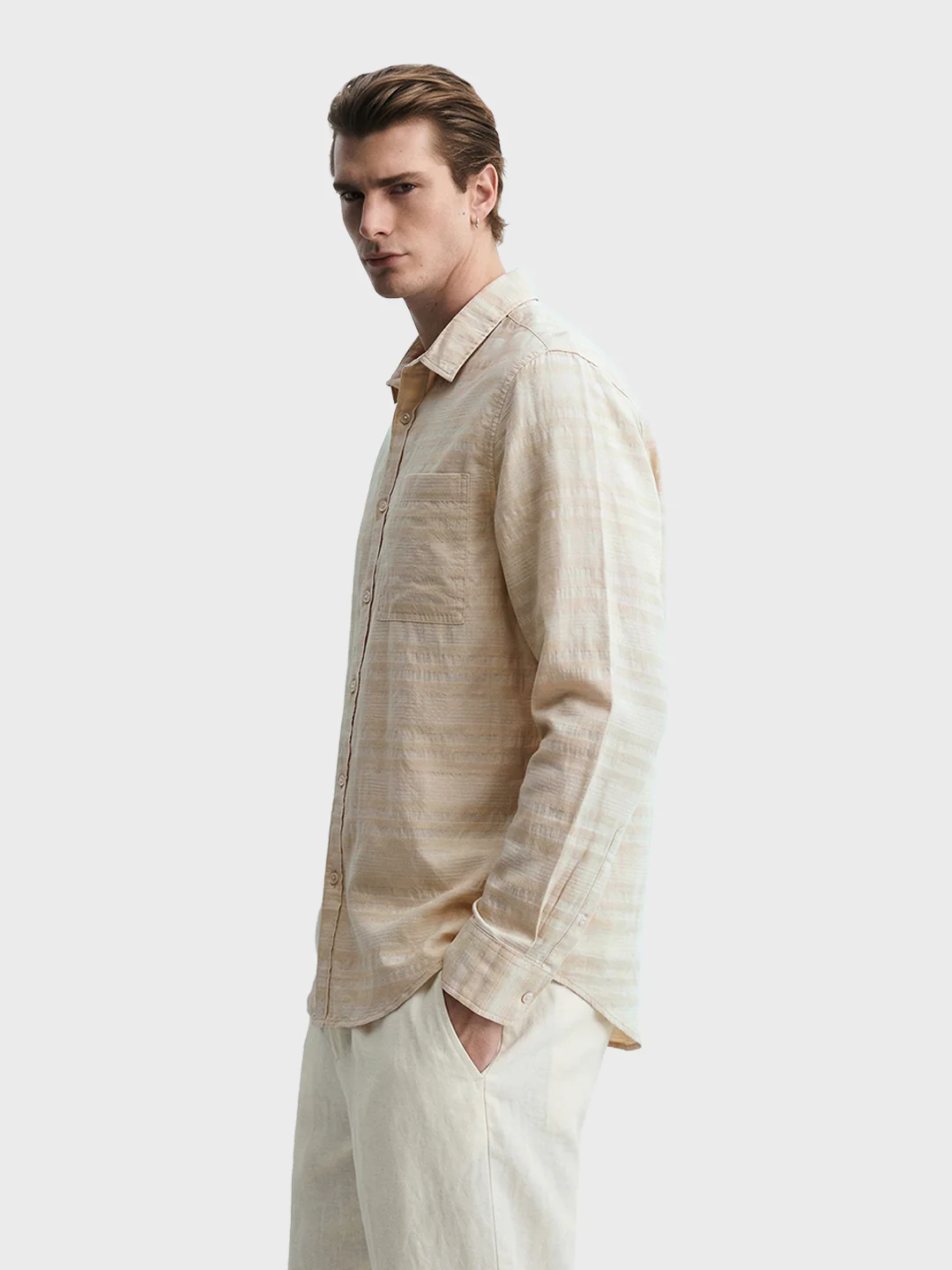 Men's Cream Slim Fit Striped Casual Shirt - Image 4