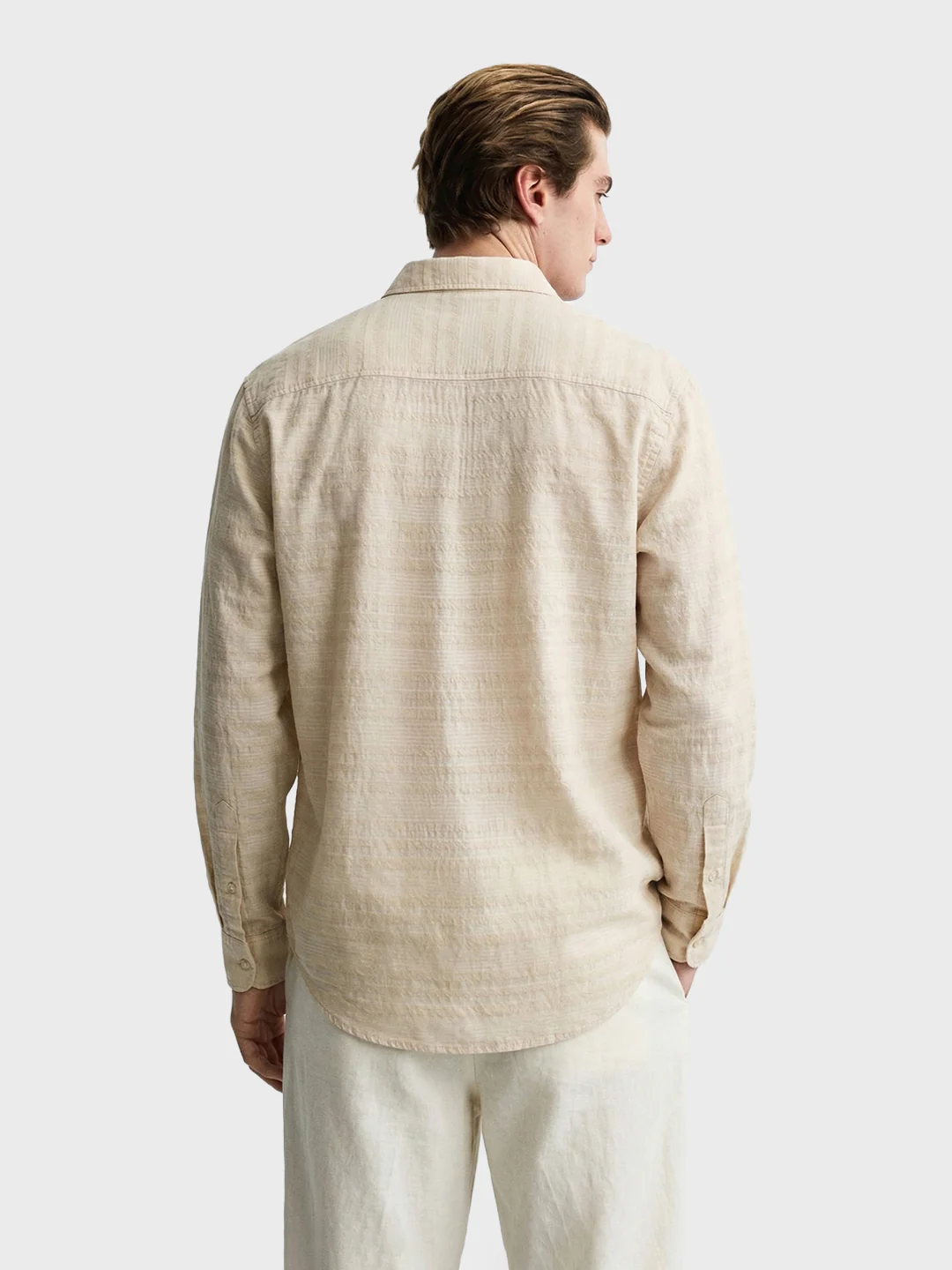 Men's Cream Slim Fit Striped Casual Shirt - Image 5