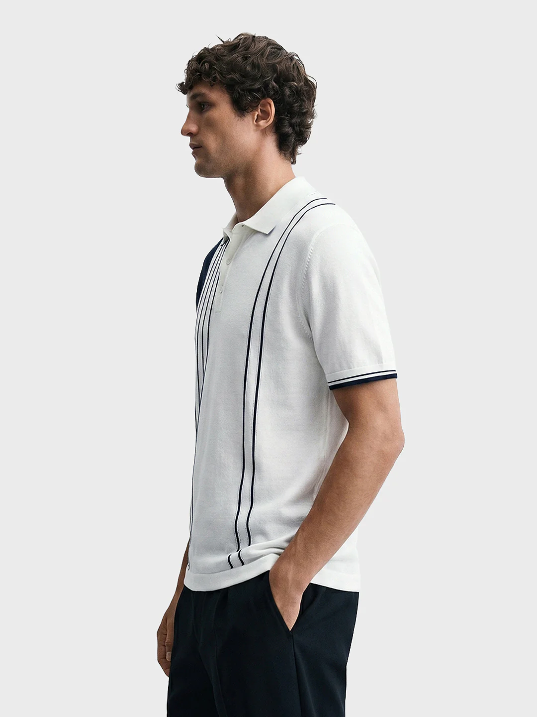 Men's Cream Slim Fit Striped Casual T-Shirt - Image 4