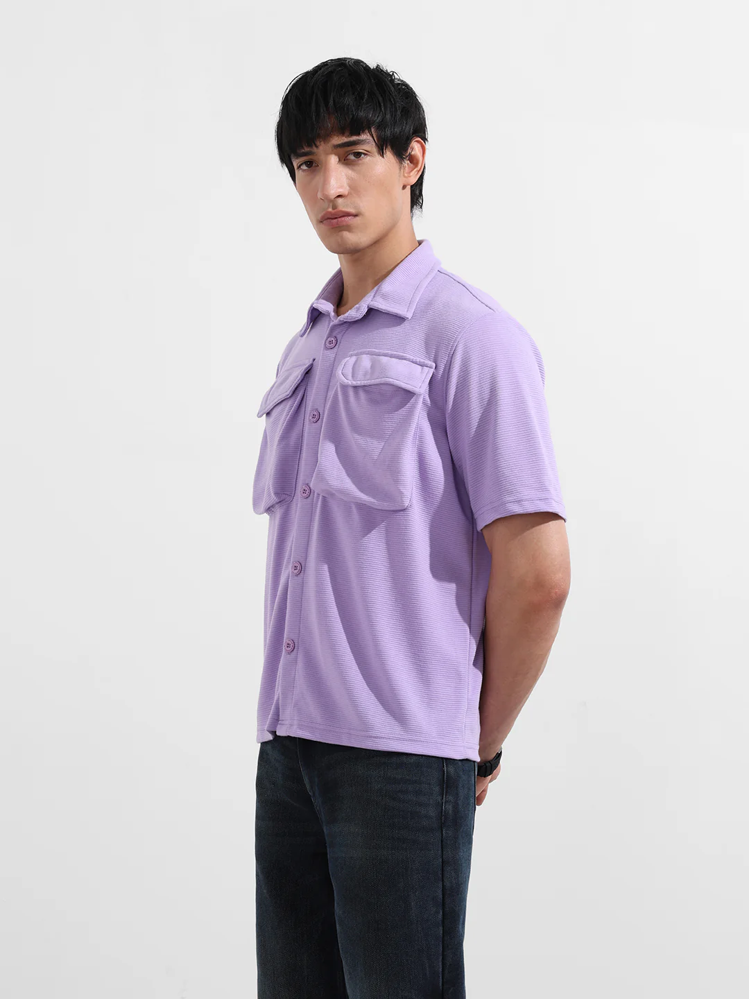 Men's Digital Lavender Relaxed Fit Solid Street Wear Shirt - Image 3