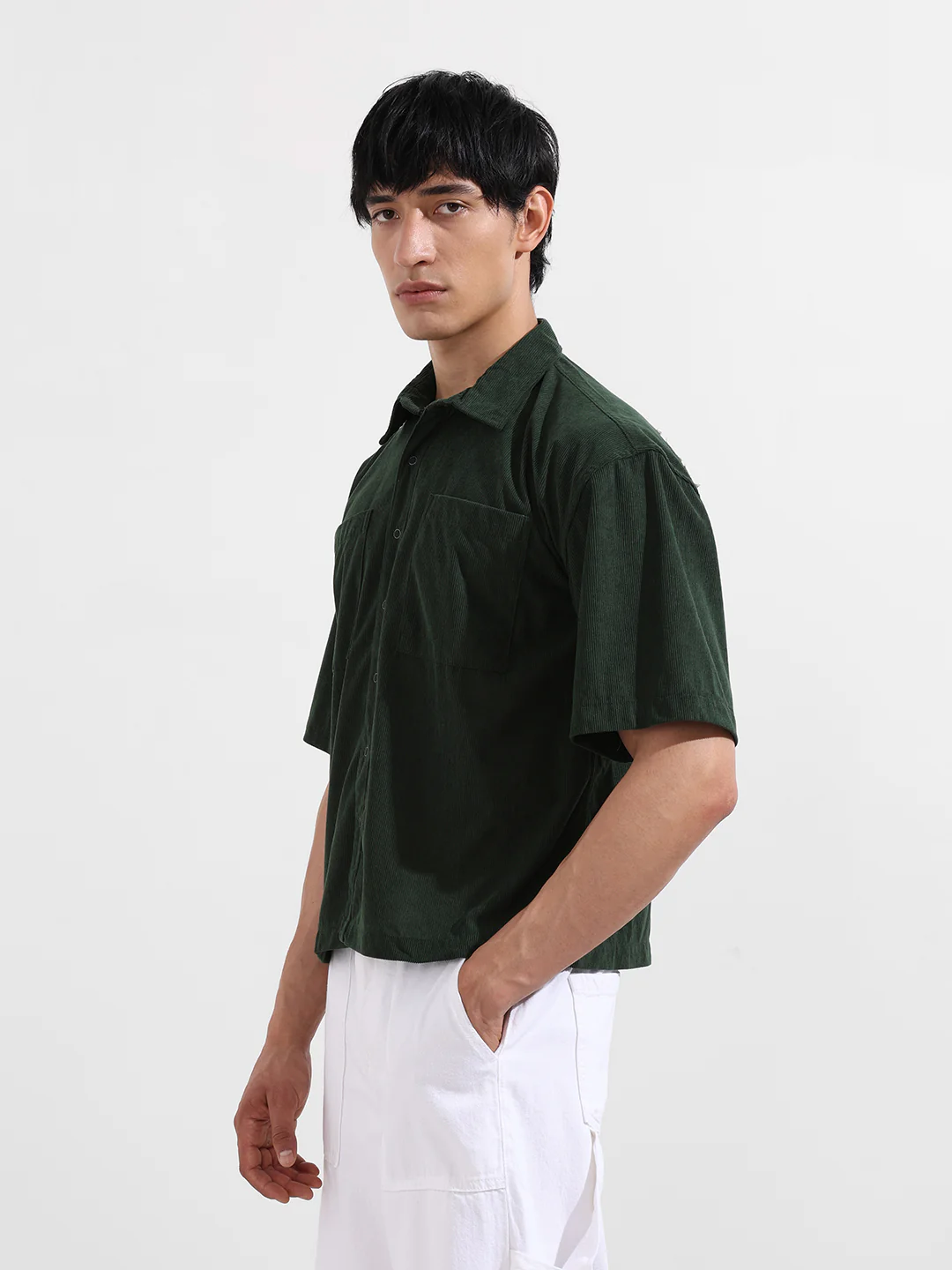 Men's Green Boxy Fit Embroided Street Wear Shirt - Image 3