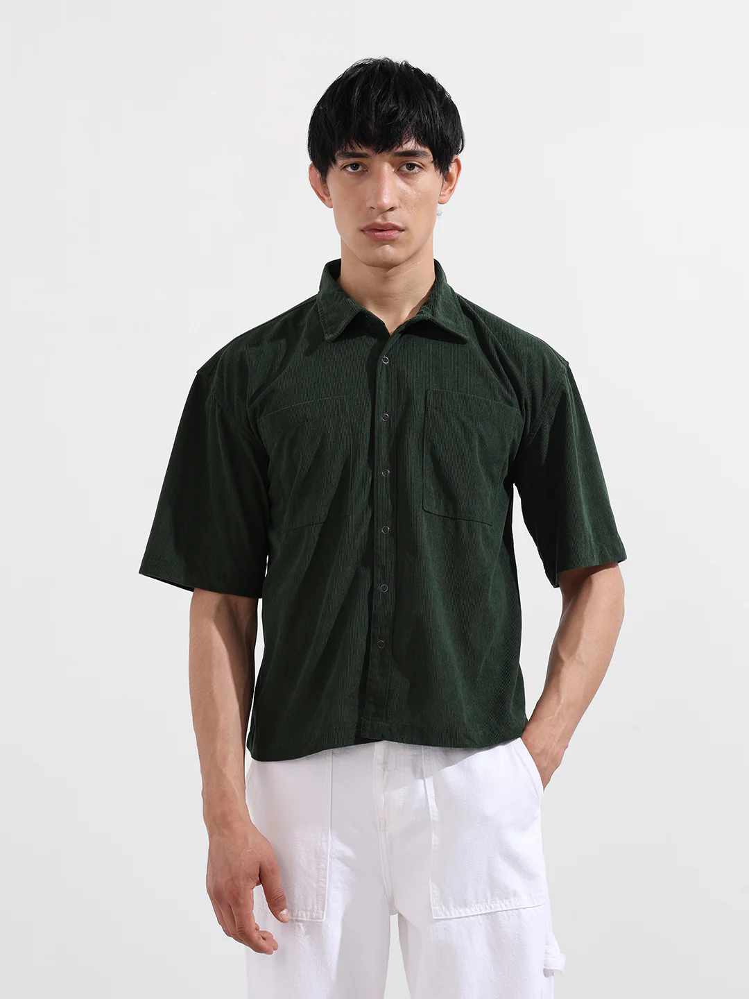 Men's Green Boxy Fit Embroided Street Wear Shirt - Image 6