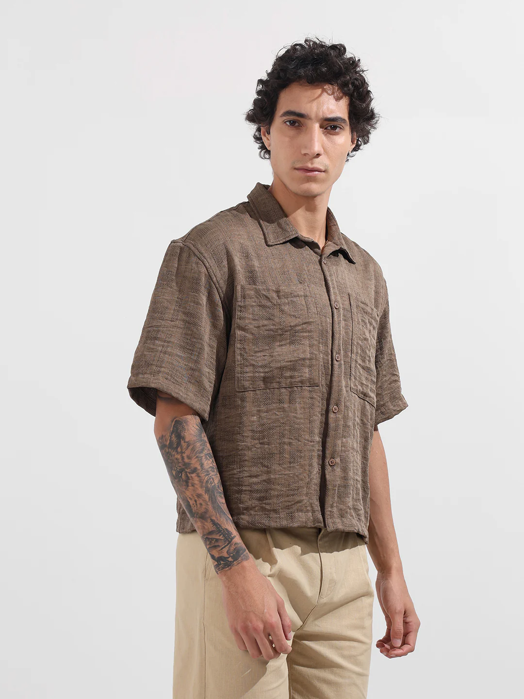 Men's Green Boxy Fit Textured Resort Wear Shirt - Image 3