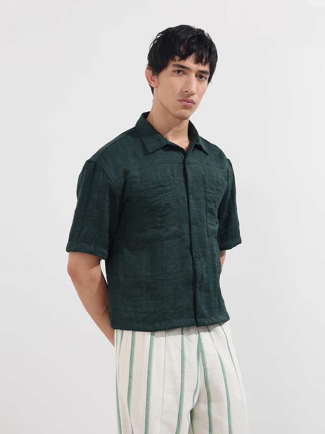 Men's Green Boxy Fit Textured Resort Wear Shirt - Image 3