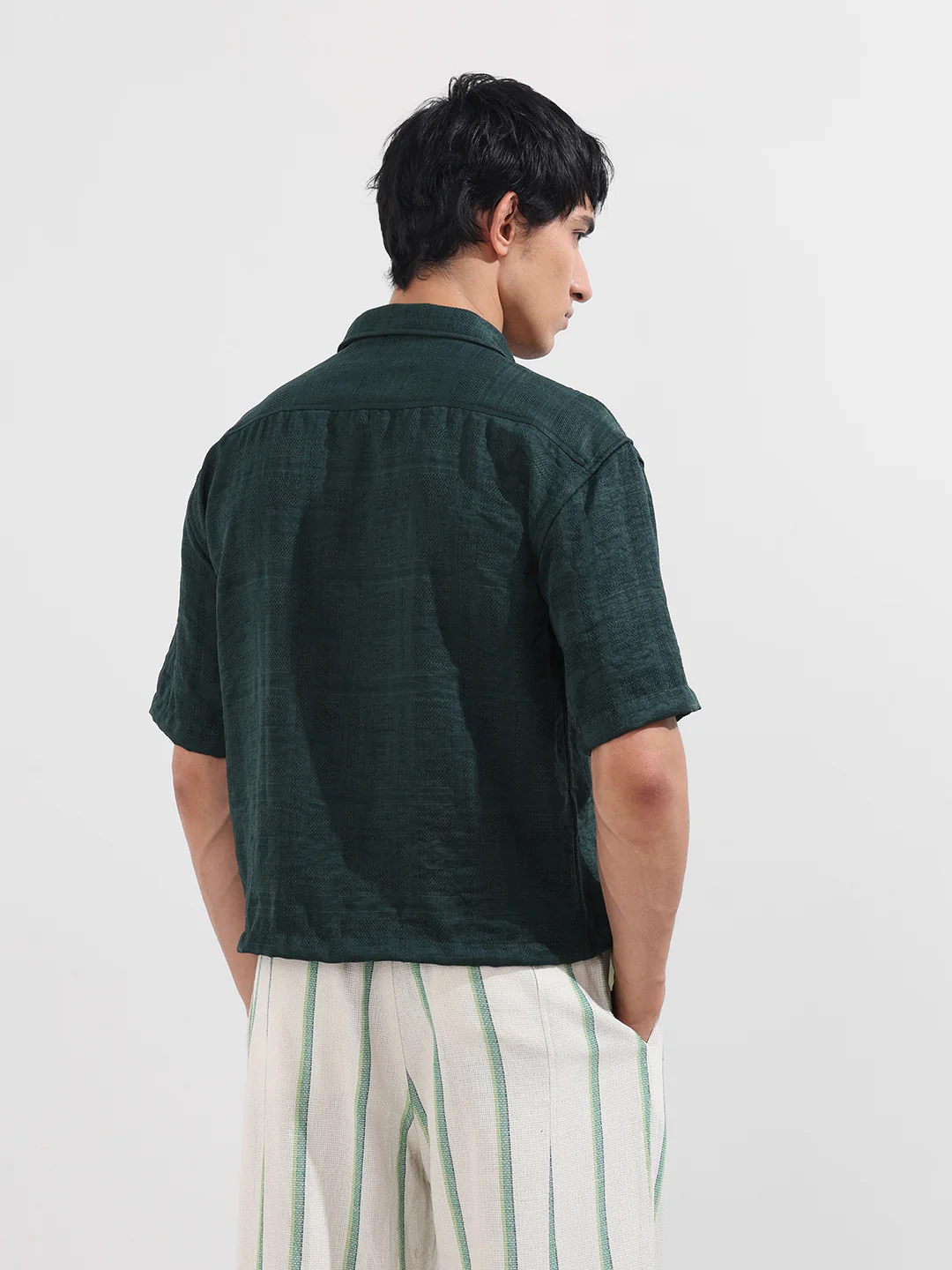 Men's Green Boxy Fit Textured Resort Wear Shirt - Image 5