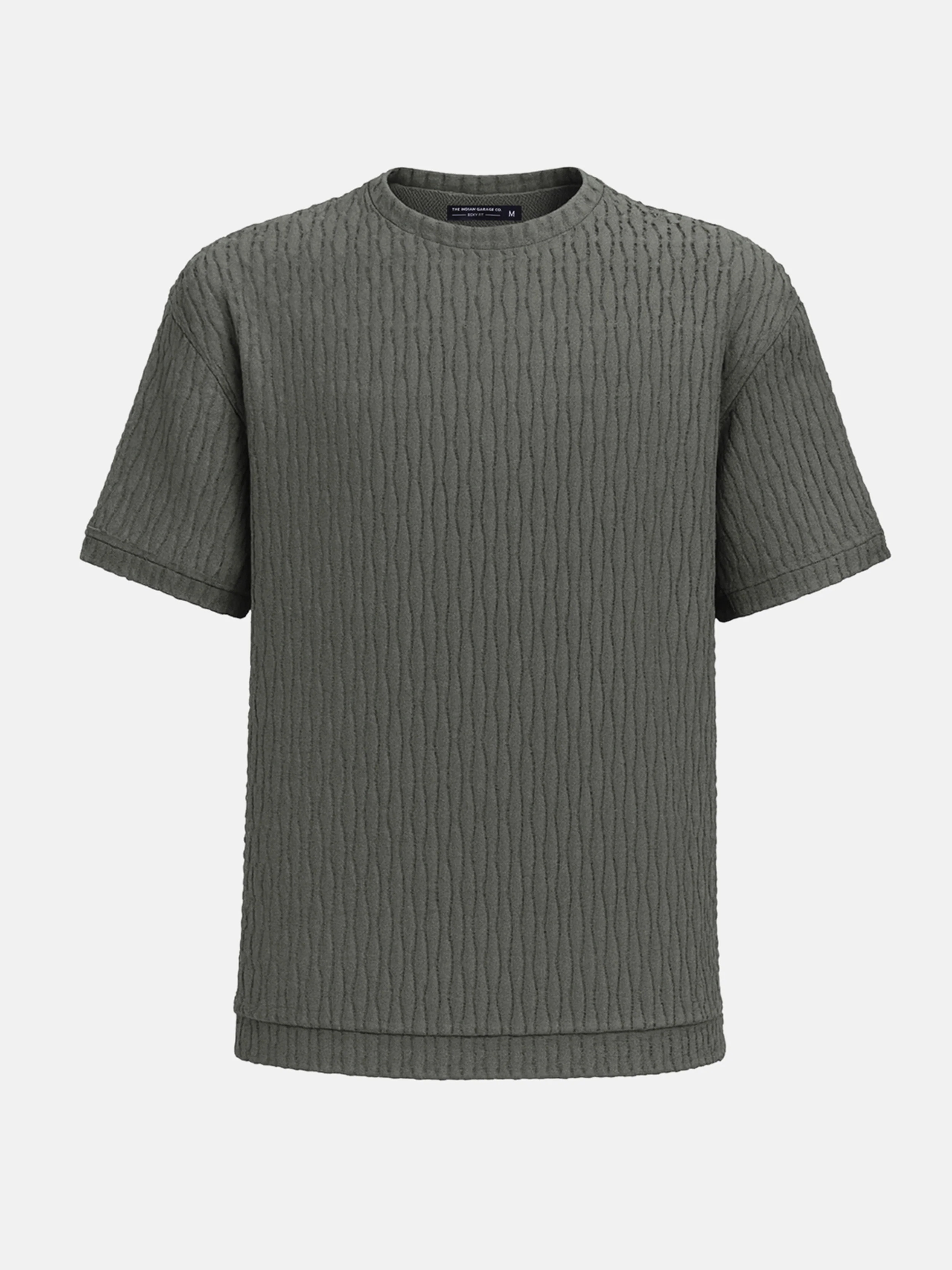 Men's Green Boxy Fit Textured Resort Wear T-Shirt - Image 2