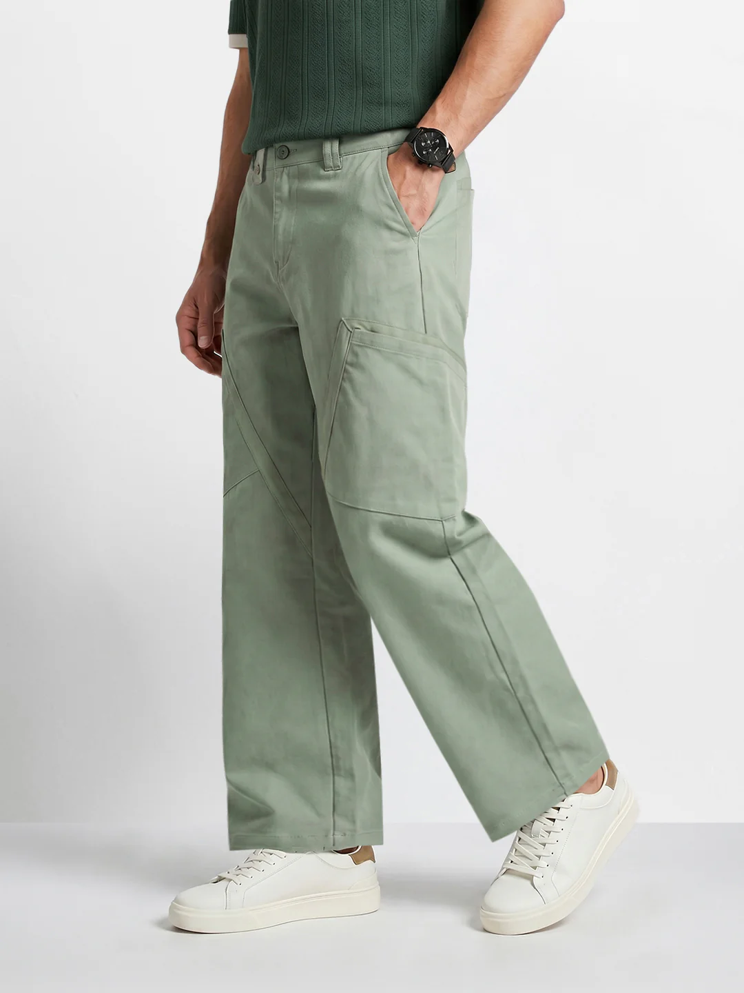 Men's Green Loose Fit Textured Utility Cargo - Image 3