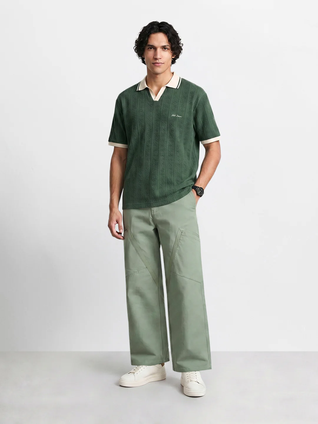 Men's Green Loose Fit Textured Utility Cargo - Image 6