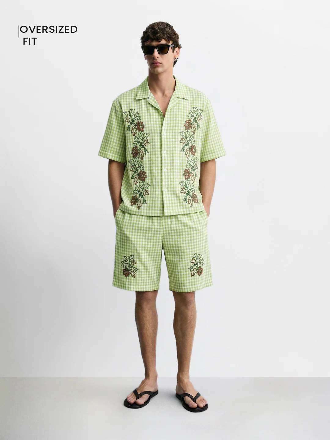 Men's Green Oversized Fit Embroidered Resort Wear Coordinates - Image 2