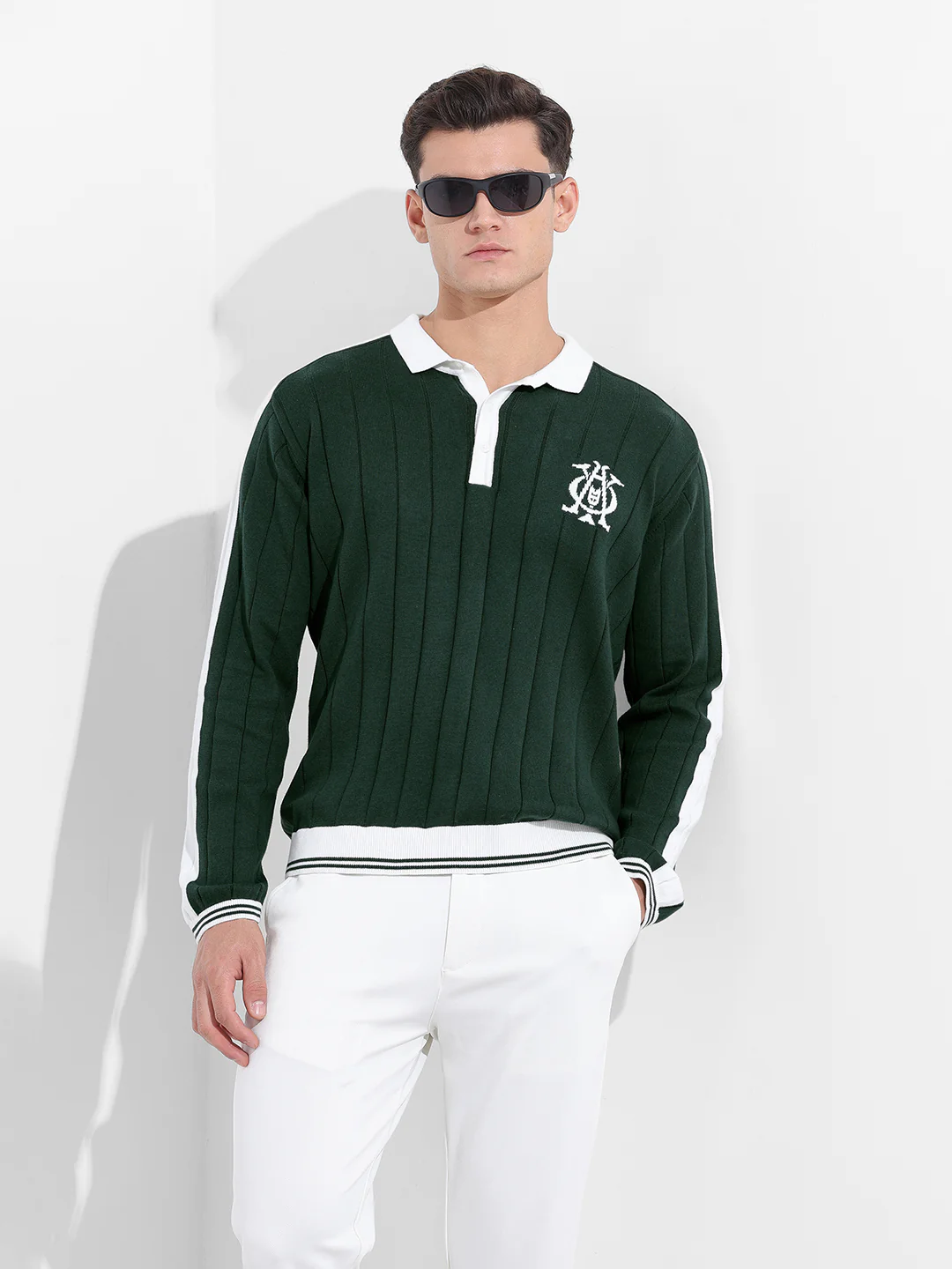Men's Bottle Green Oversized Fit Textured Flat Knit T-Shirt - Image 2