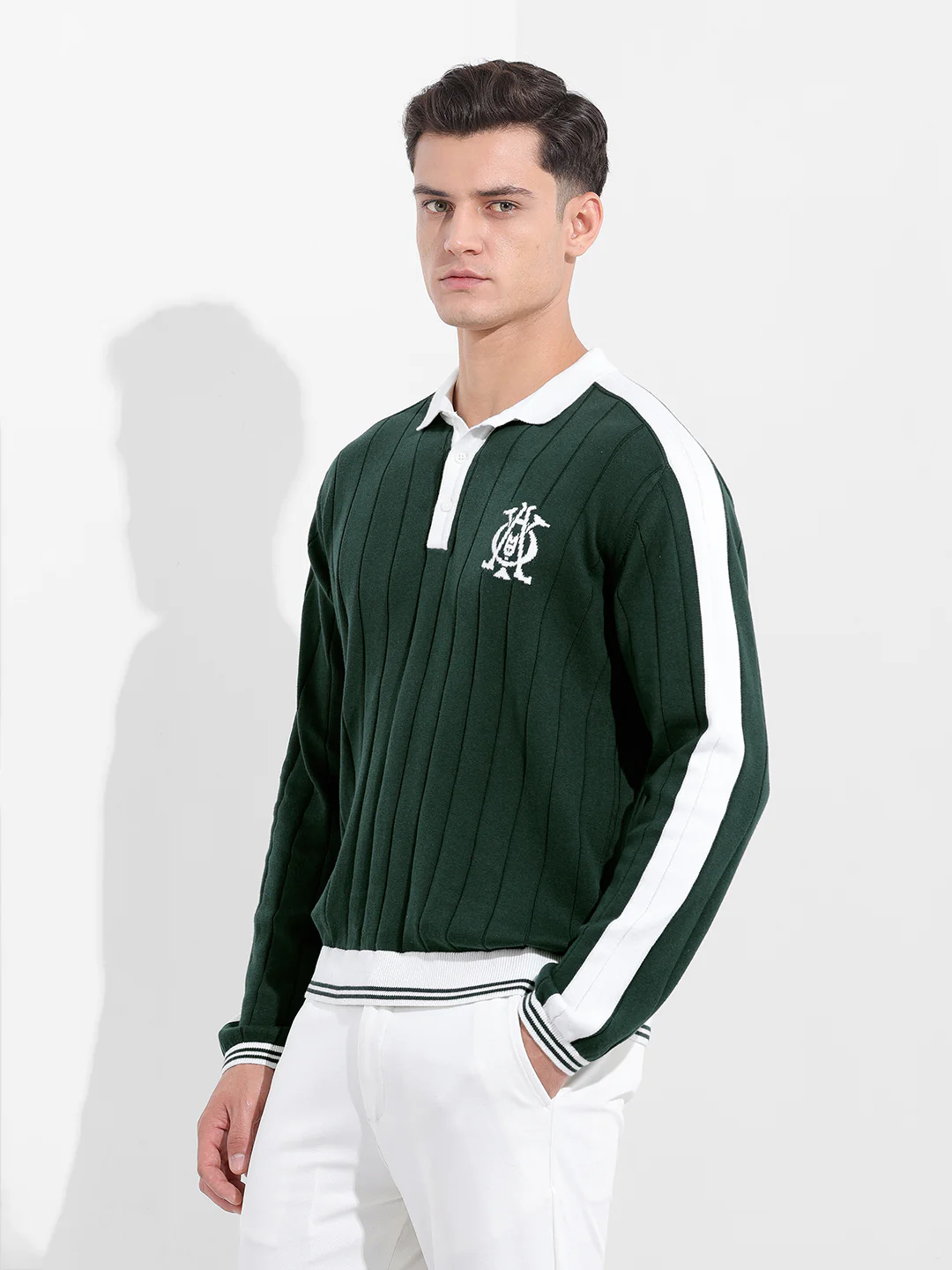 Men's Bottle Green Oversized Fit Textured Flat Knit T-Shirt - Image 3