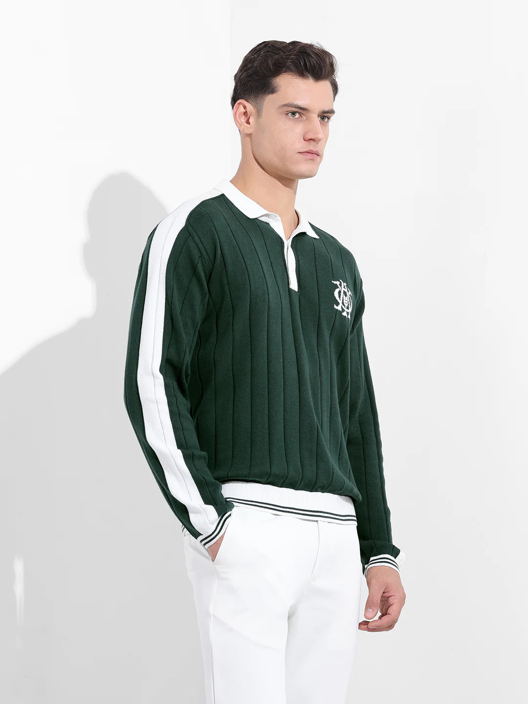 Men's Bottle Green Oversized Fit Textured Flat Knit T-Shirt - Image 4