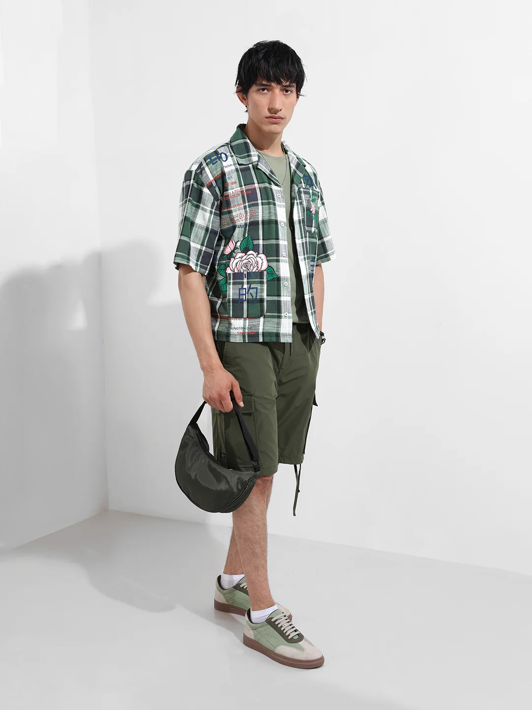 Men's Green Oversized Fit Resort Wear Checked Shirt - Image 3