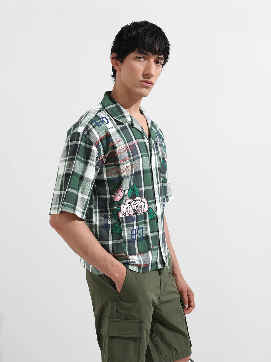 Men's Green Oversized Fit Resort Wear Checked Shirt - Image 4