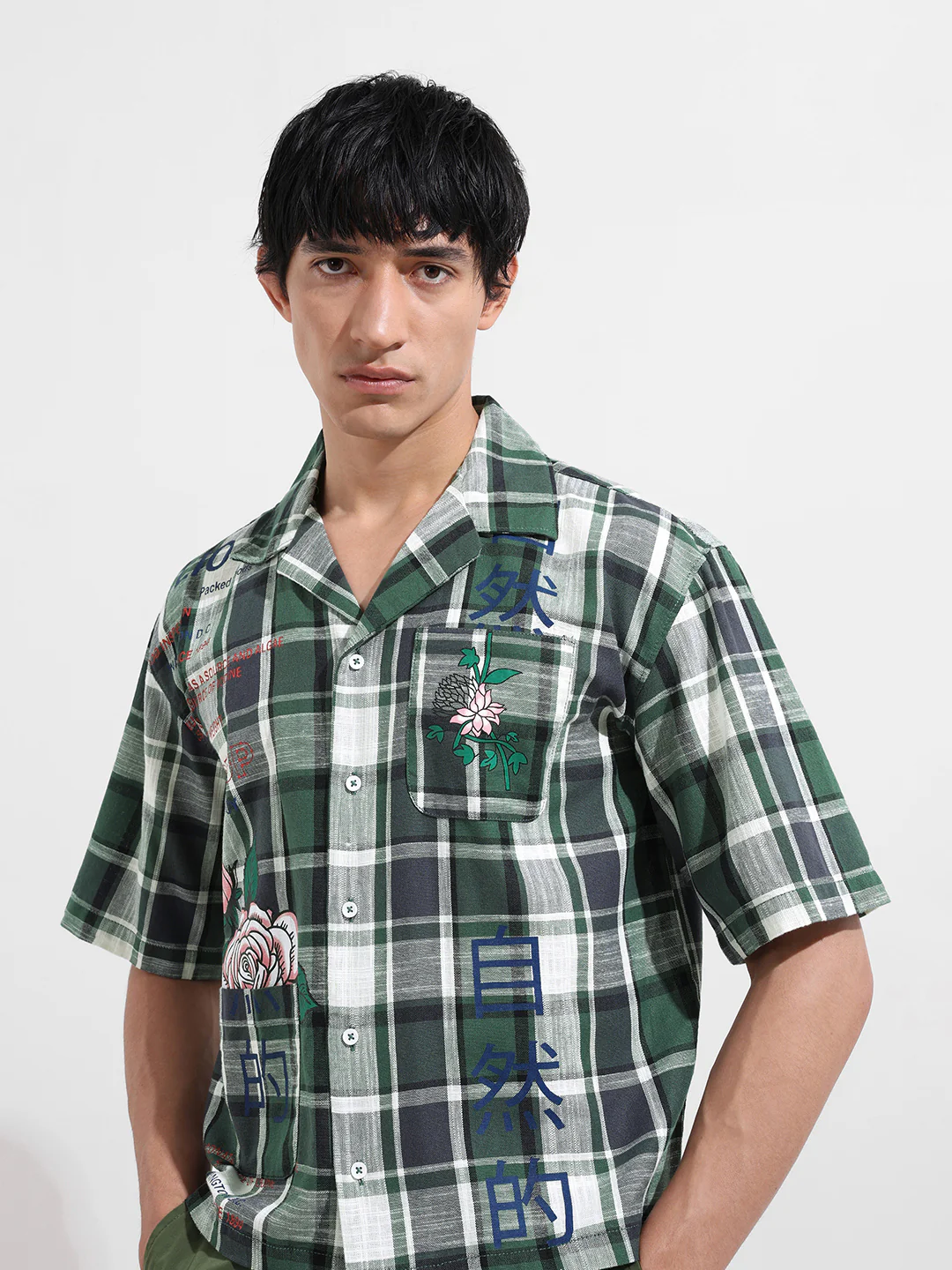 Men's Green Oversized Fit Resort Wear Checked Shirt - Image 5