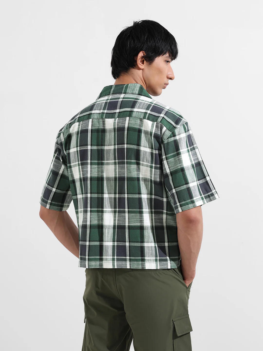 Men's Green Oversized Fit Resort Wear Checked Shirt - Image 6