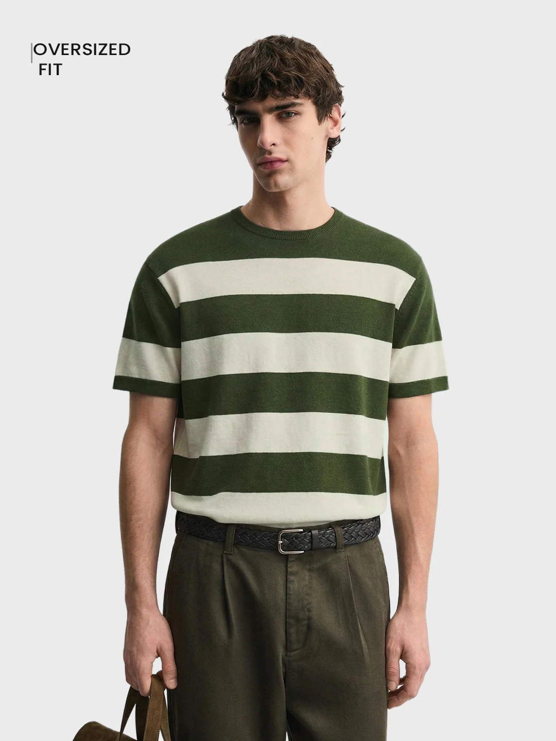 Men's Green Oversized Fit Striped Casual T-Shirt - Image 2