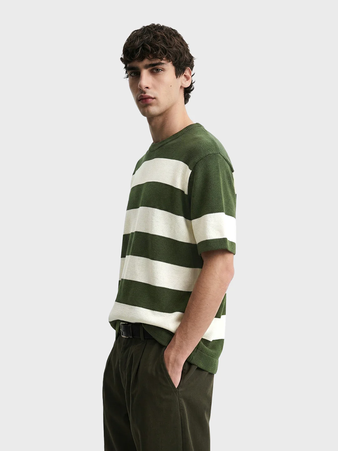 Men's Green Oversized Fit Striped Casual T-Shirt - Image 3