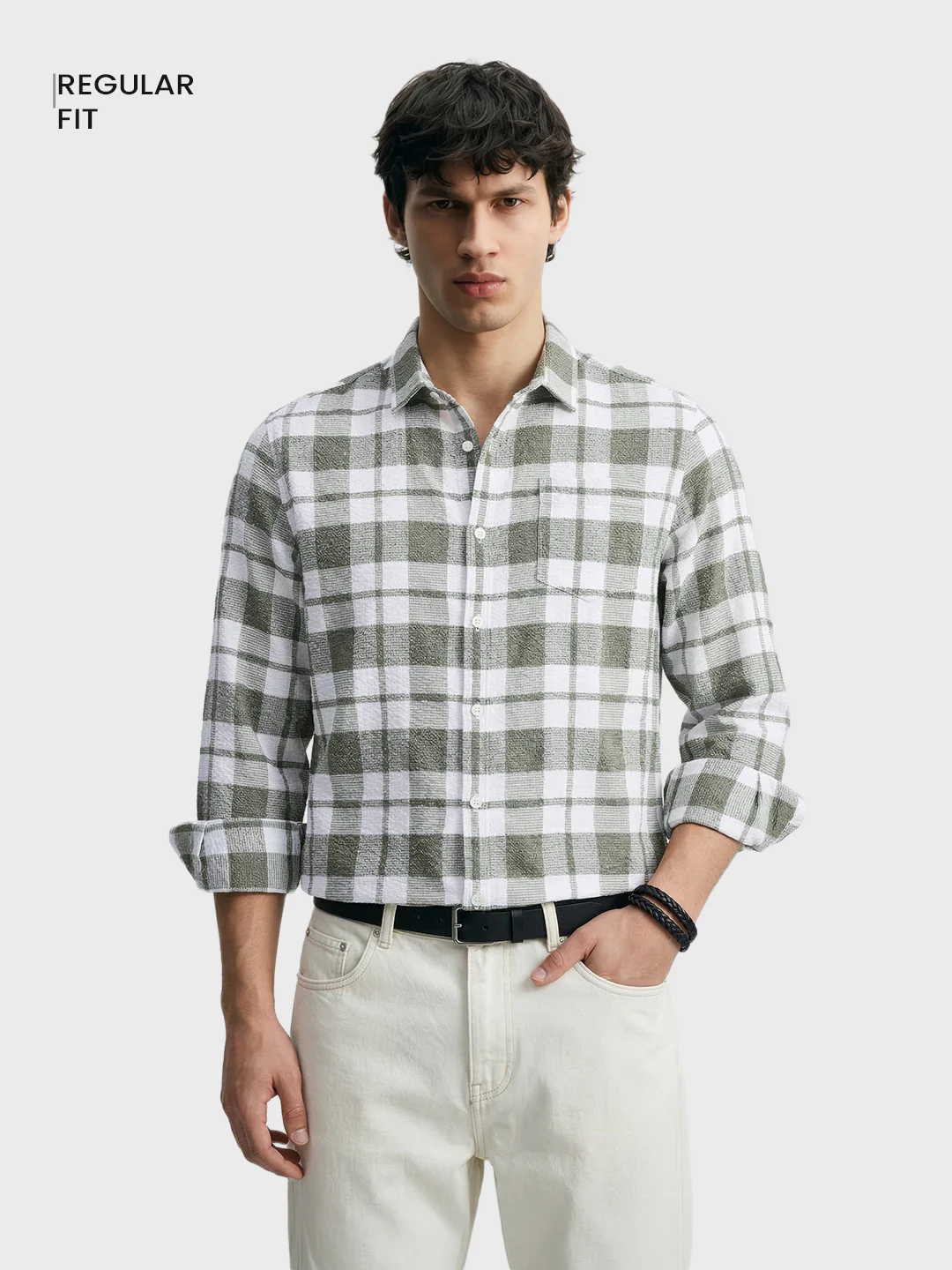 Men's Green Regular Fit Checkered Casual Shirt - Image 2