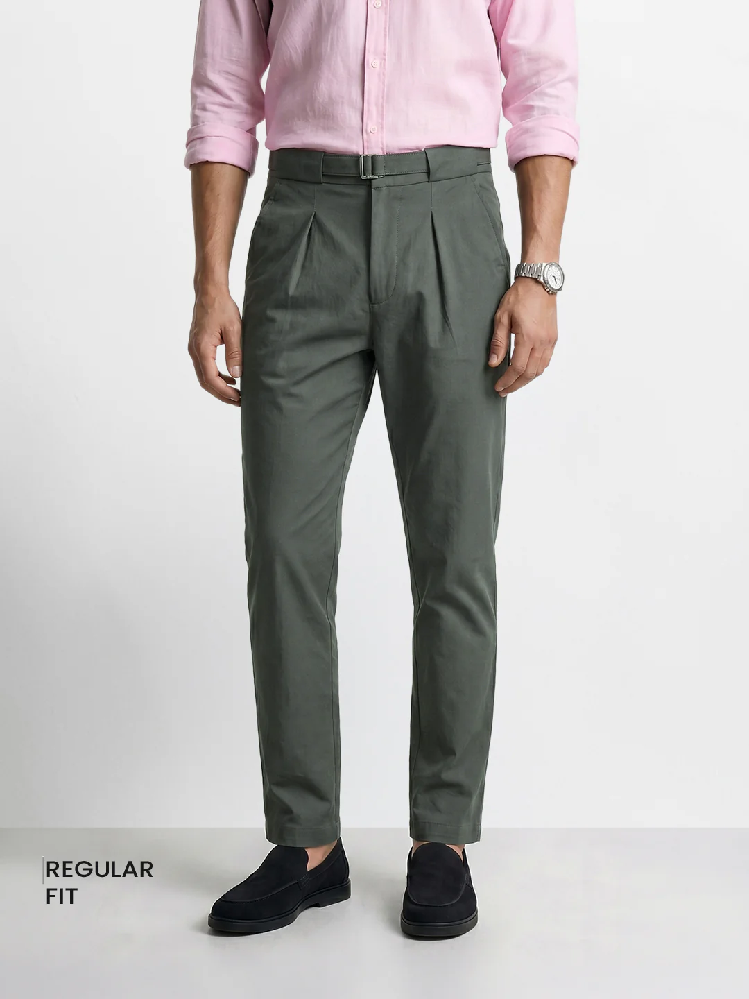 Men's Green Regular Fit Solid Casual Trousers - Image 2