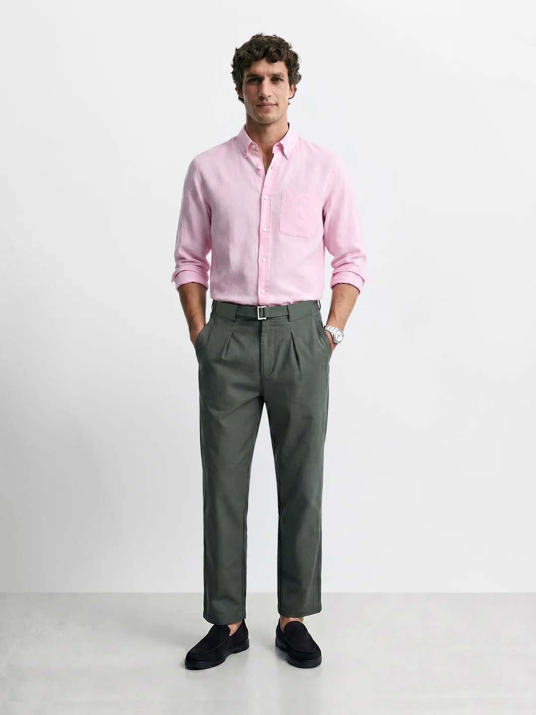 Men's Green Regular Fit Solid Casual Trousers - Image 6