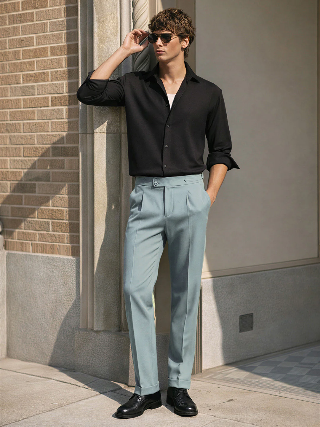 Men's Green Regular Fit Solid Casual Trousers - Image 3
