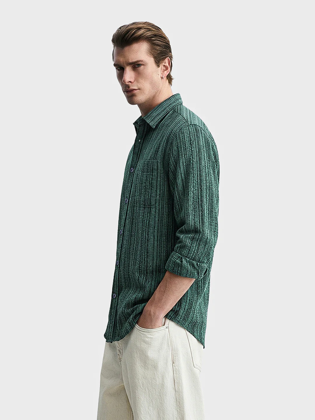 Men's Green Regular Fit Striped Casual Shirt - Image 4