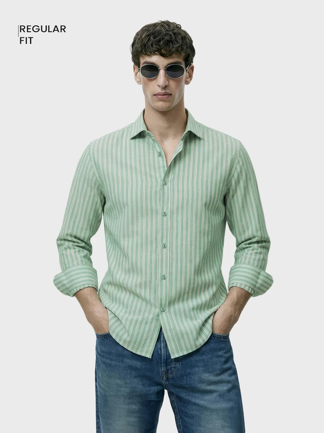 Men's Green Regular Fit Striped Casual Shirt - Image 2