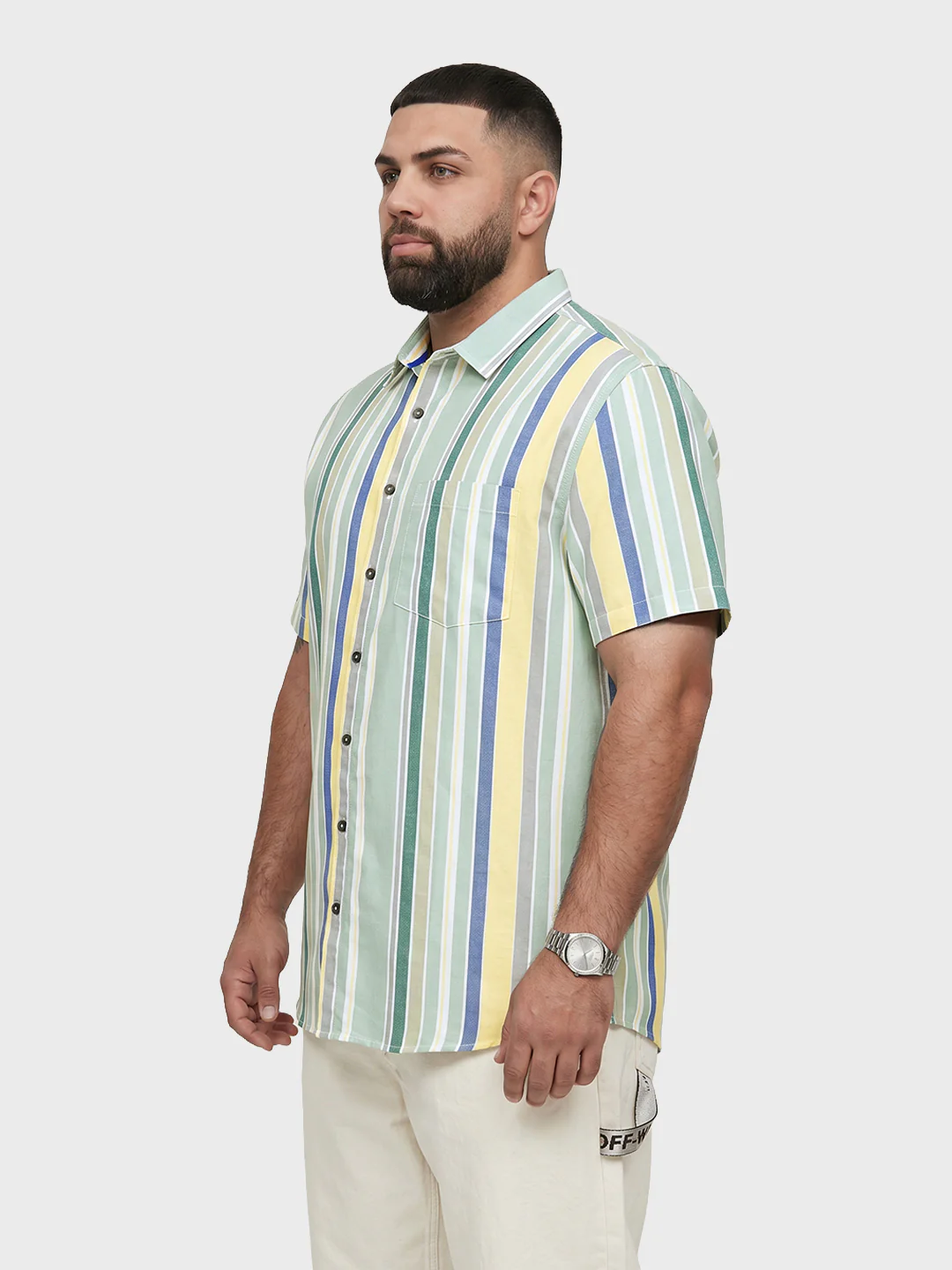 Men's Green Regular Fit Striped Casual Shirt - Image 2