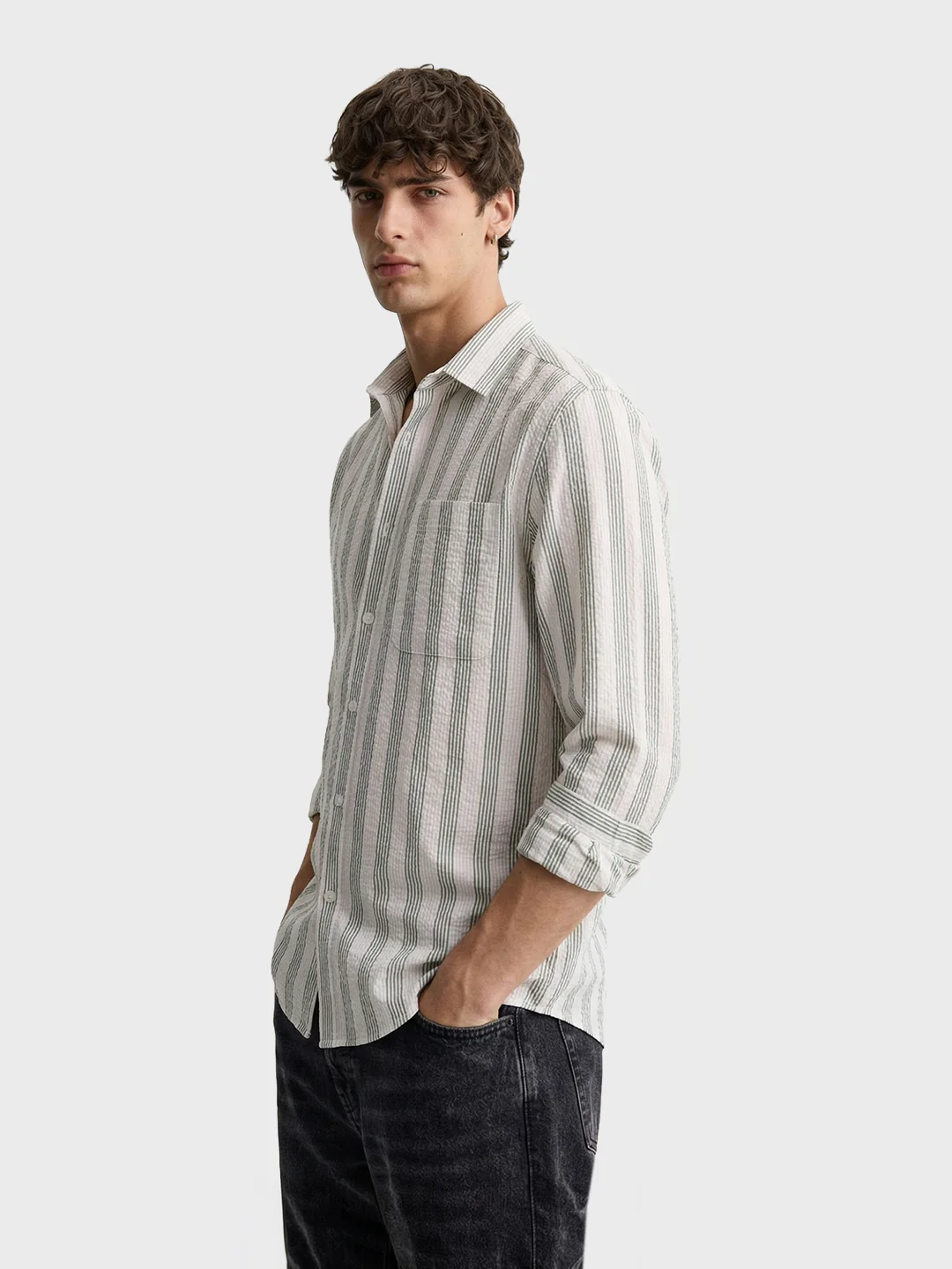 Men's Green Regular Fit Striped Casual Shirt - Image 4