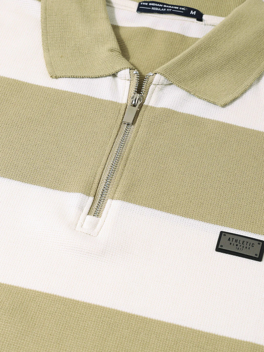 Men's Green Regular Fit Striped Casual T-Shirts - Image 3
