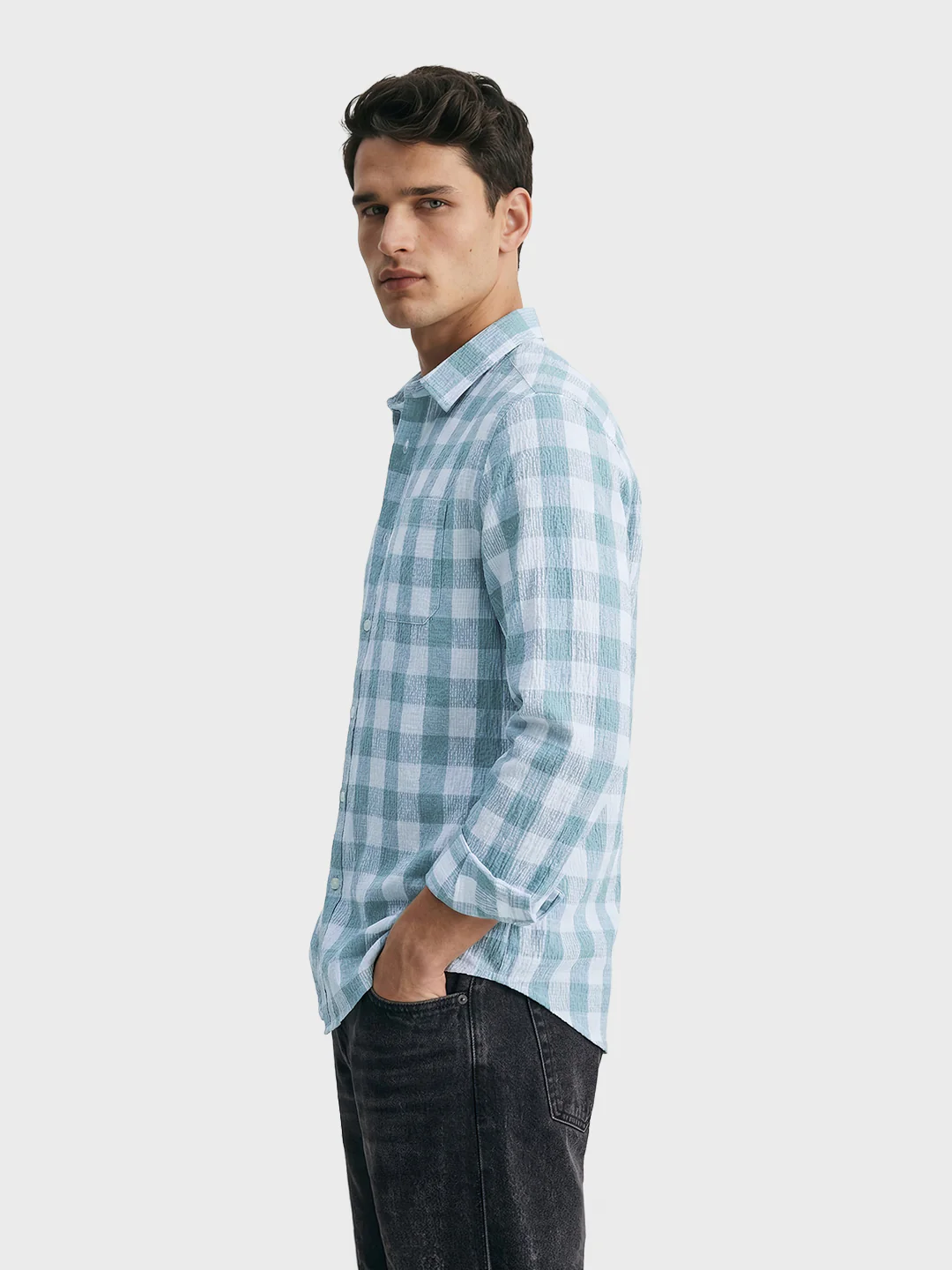 Men's Green Relaxed Fit Checkered Oddinary Shirt - Image 3