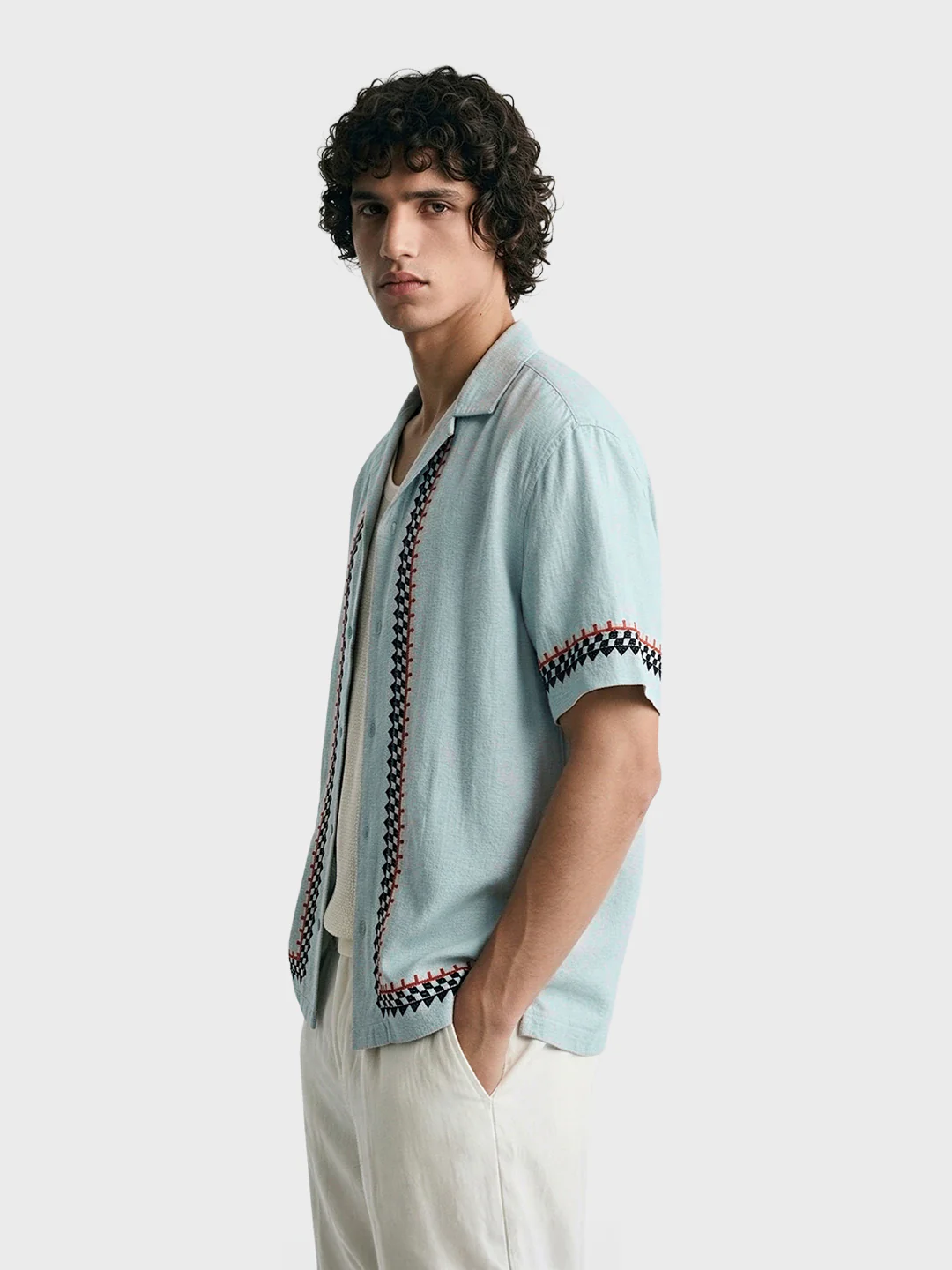 Men's Green Relaxed Fit Embroidered Casual Shirt - Image 3