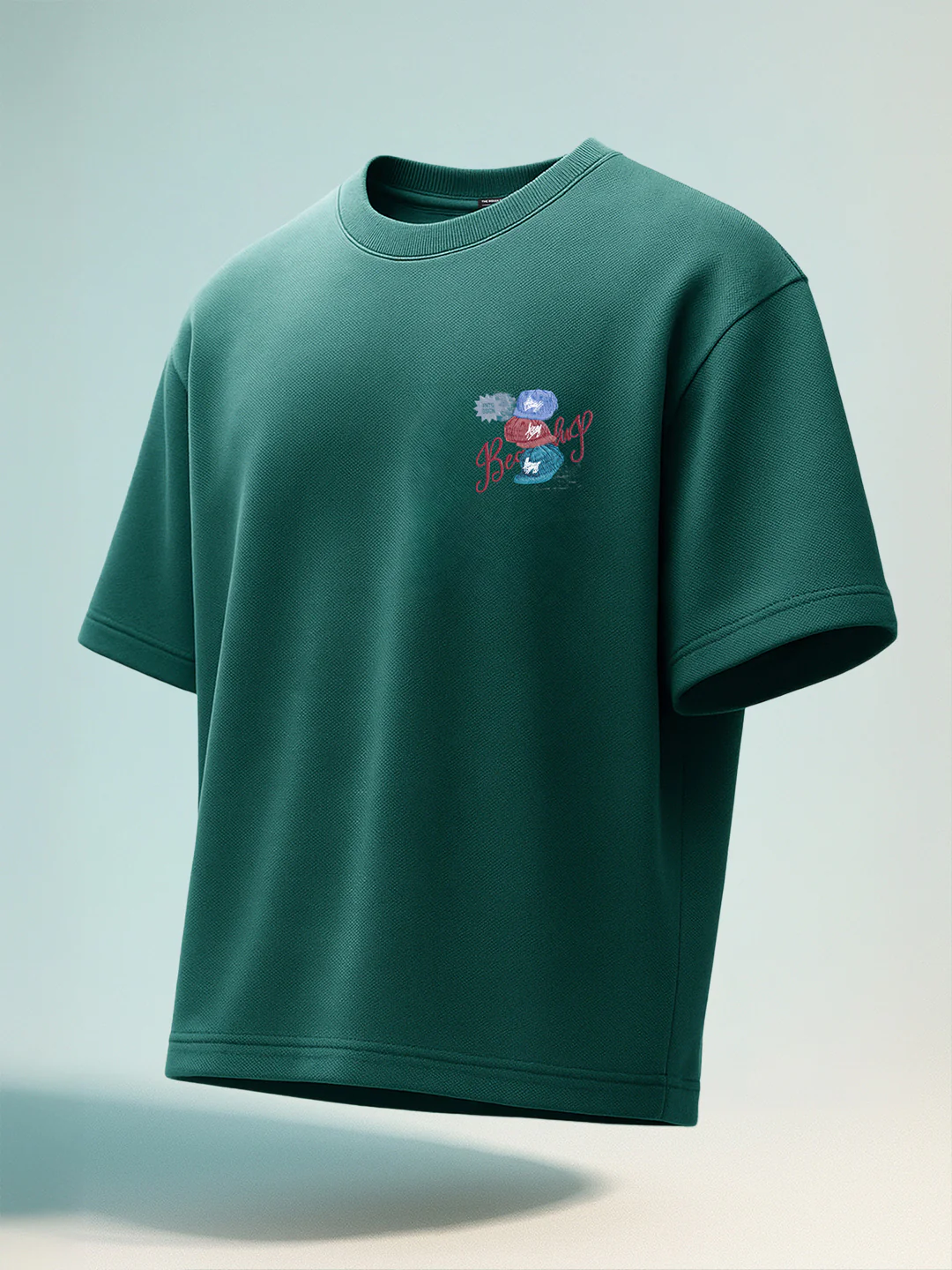 Men's Green Relaxed Fit Embroided 240 GSM Street Wear T-Shirt - Image 2