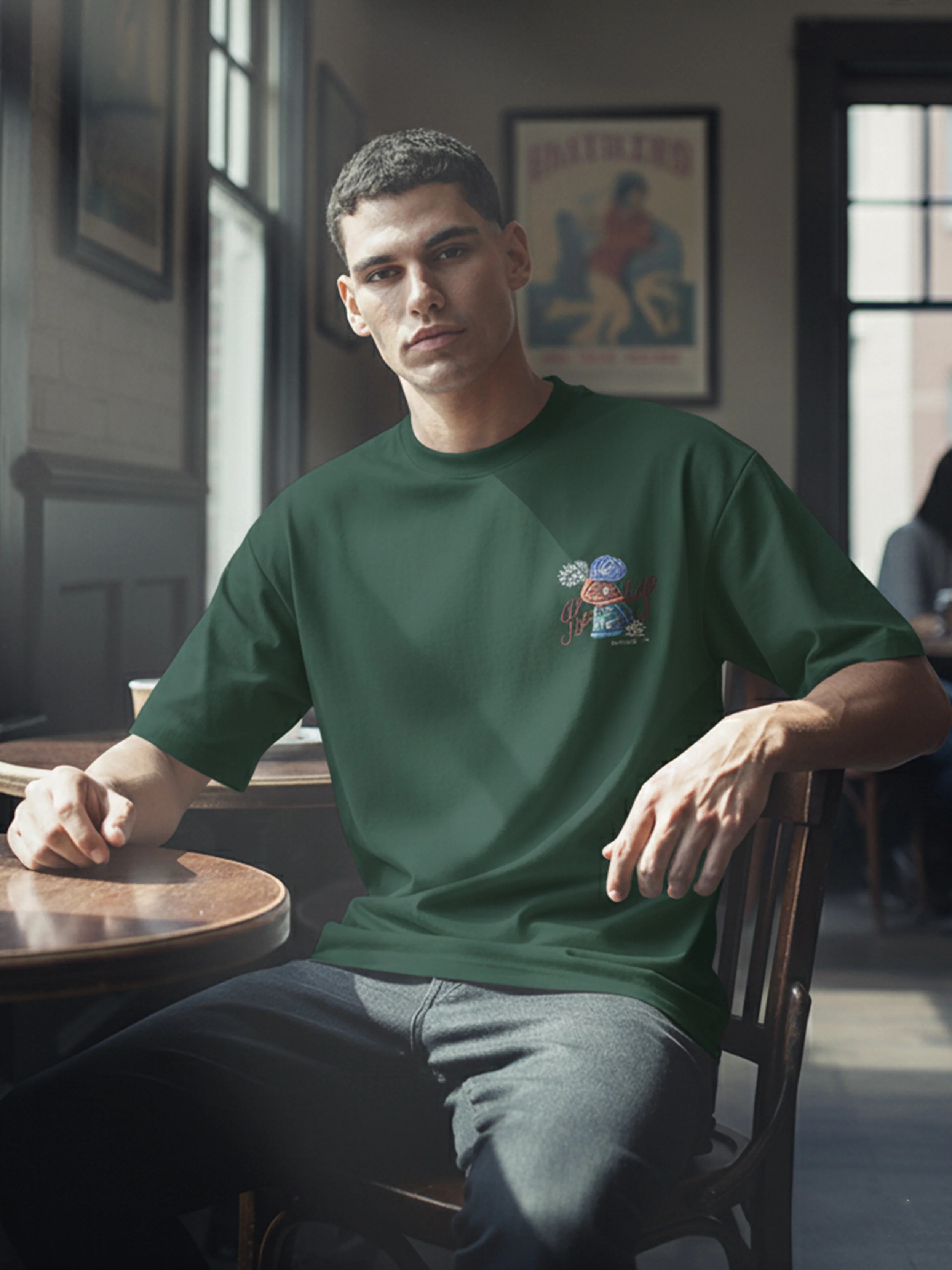 Men's Green Relaxed Fit Embroided 240 GSM Street Wear T-Shirt - Image 3