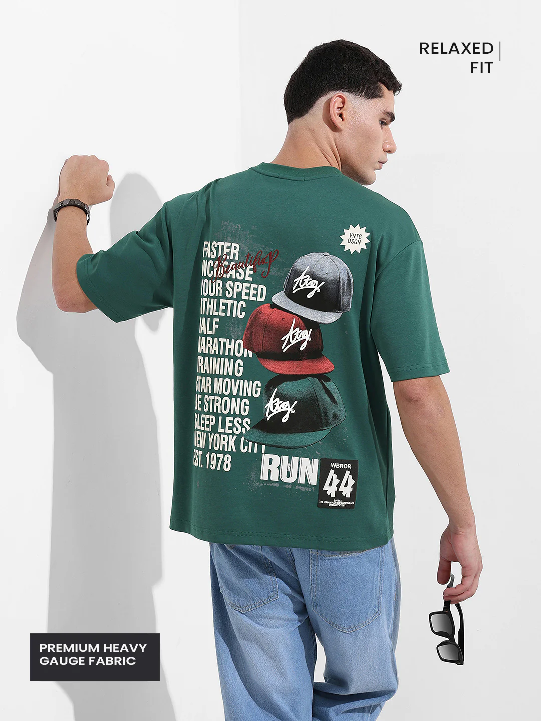 Men's Green Relaxed Fit Embroided 240 GSM Street Wear T-Shirt - Image 4