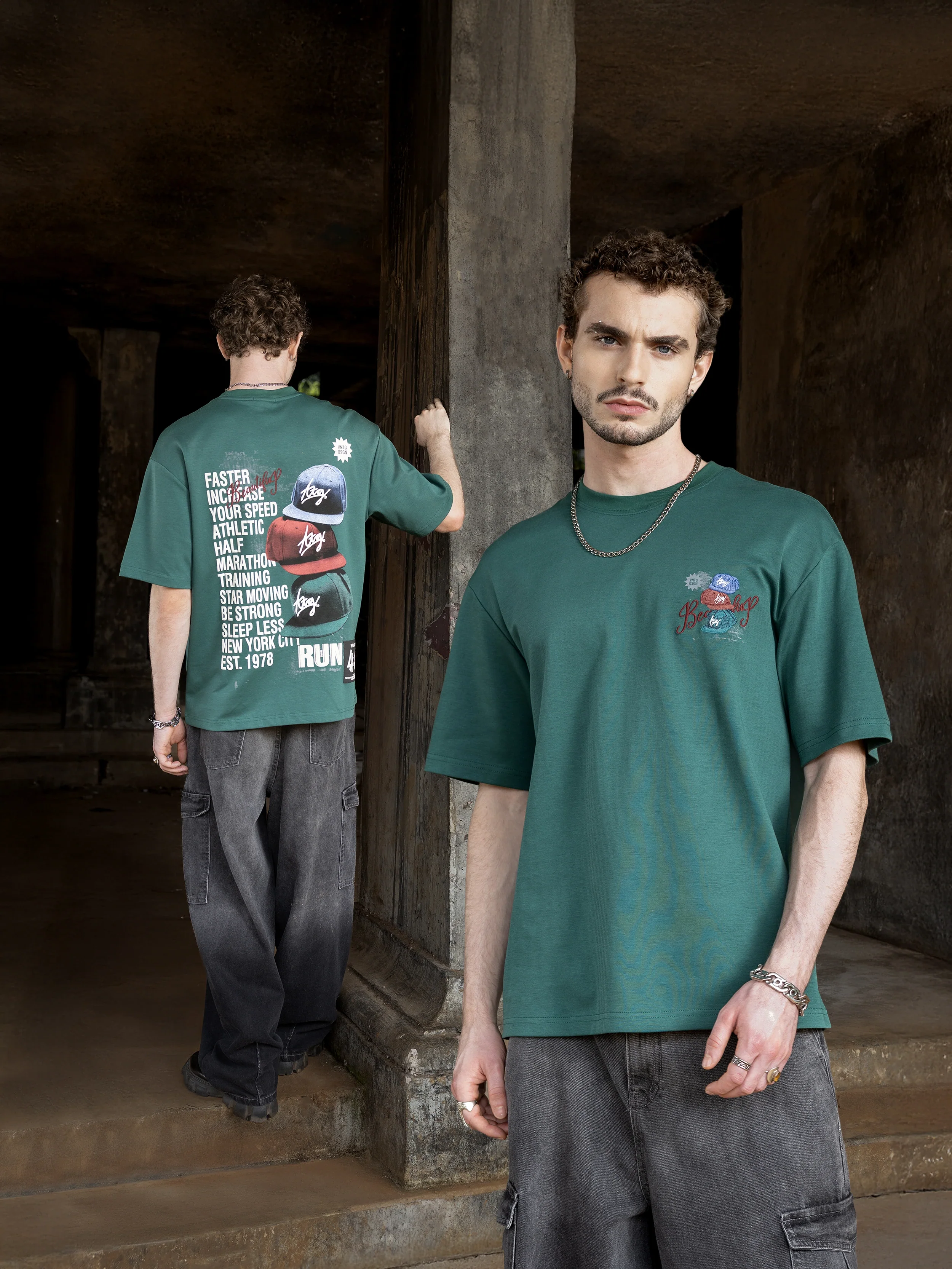 Men's Green Relaxed Fit Embroided 240 GSM Street Wear T-Shirt - Image 5