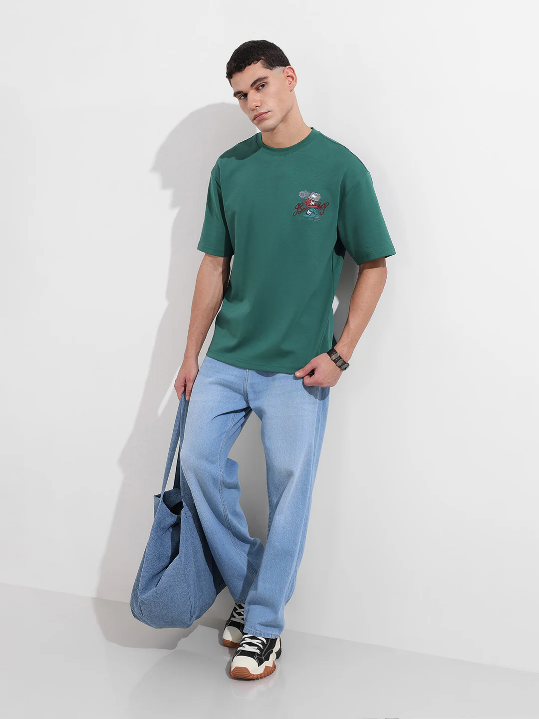 Men's Green Relaxed Fit Embroided 240 GSM Street Wear T-Shirt - Image 6