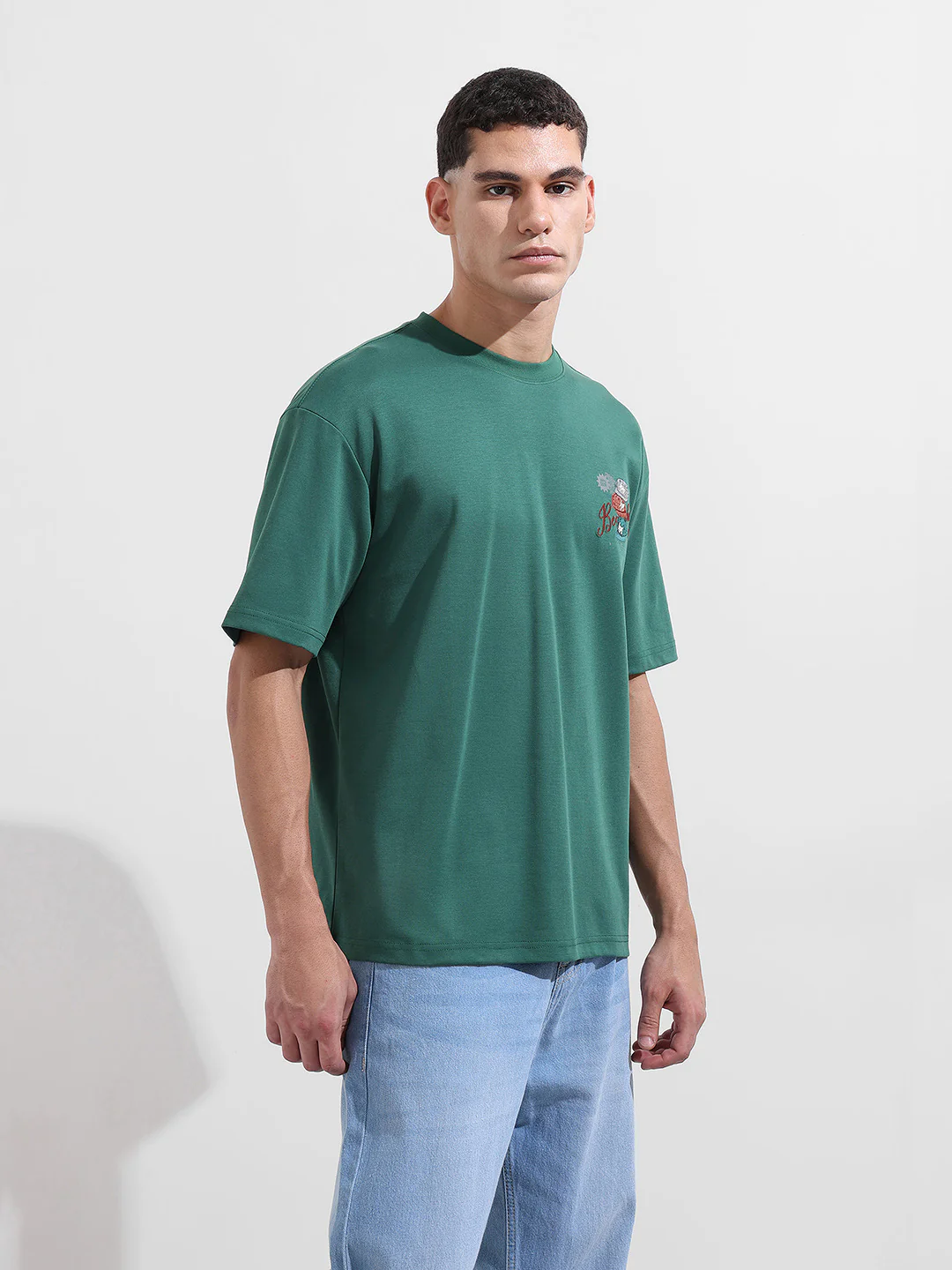 Men's Green Relaxed Fit Embroided 240 GSM Street Wear T-Shirt - Image 7