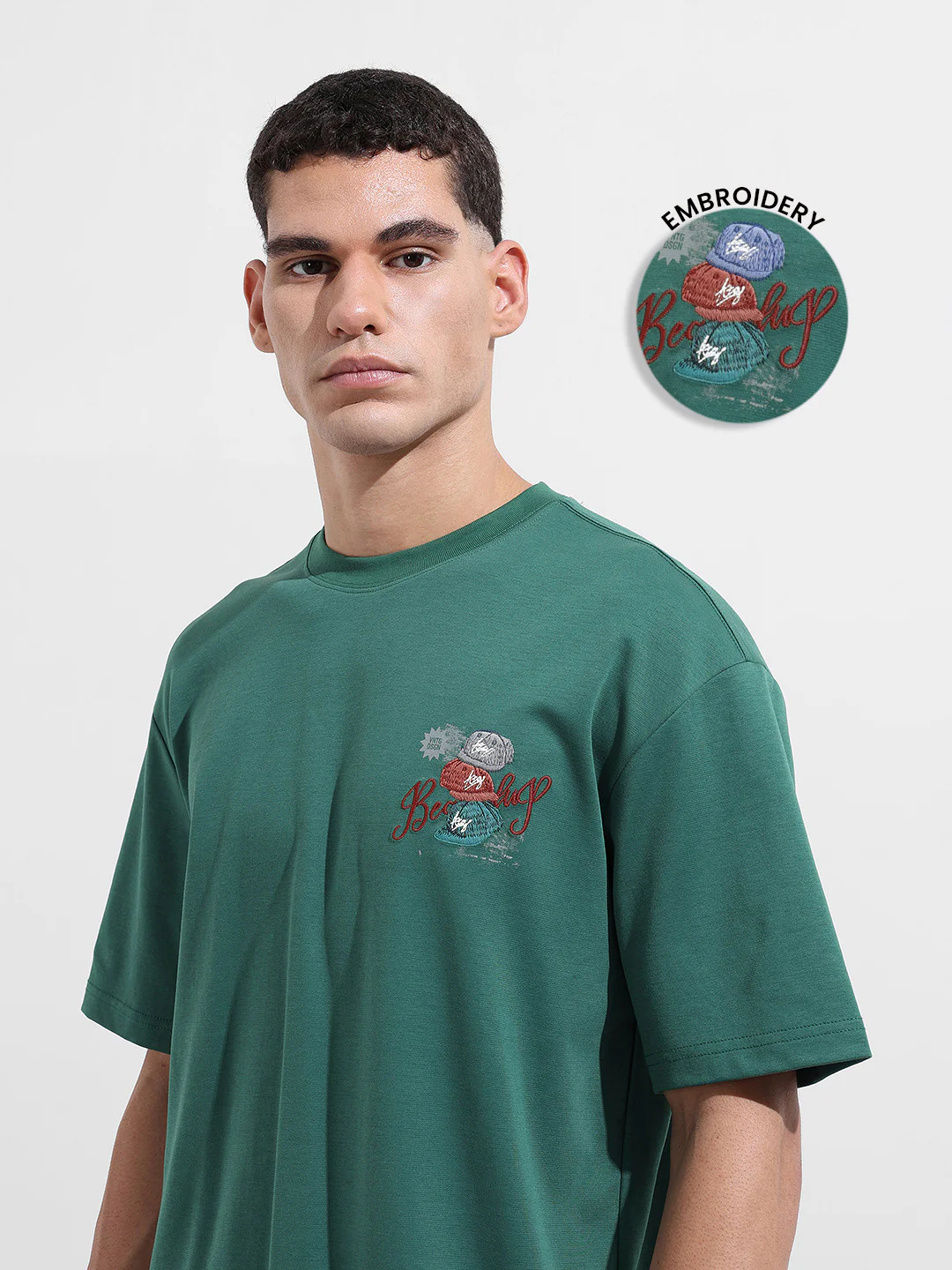 Men's Green Relaxed Fit Embroided 240 GSM Street Wear T-Shirt - Image 8