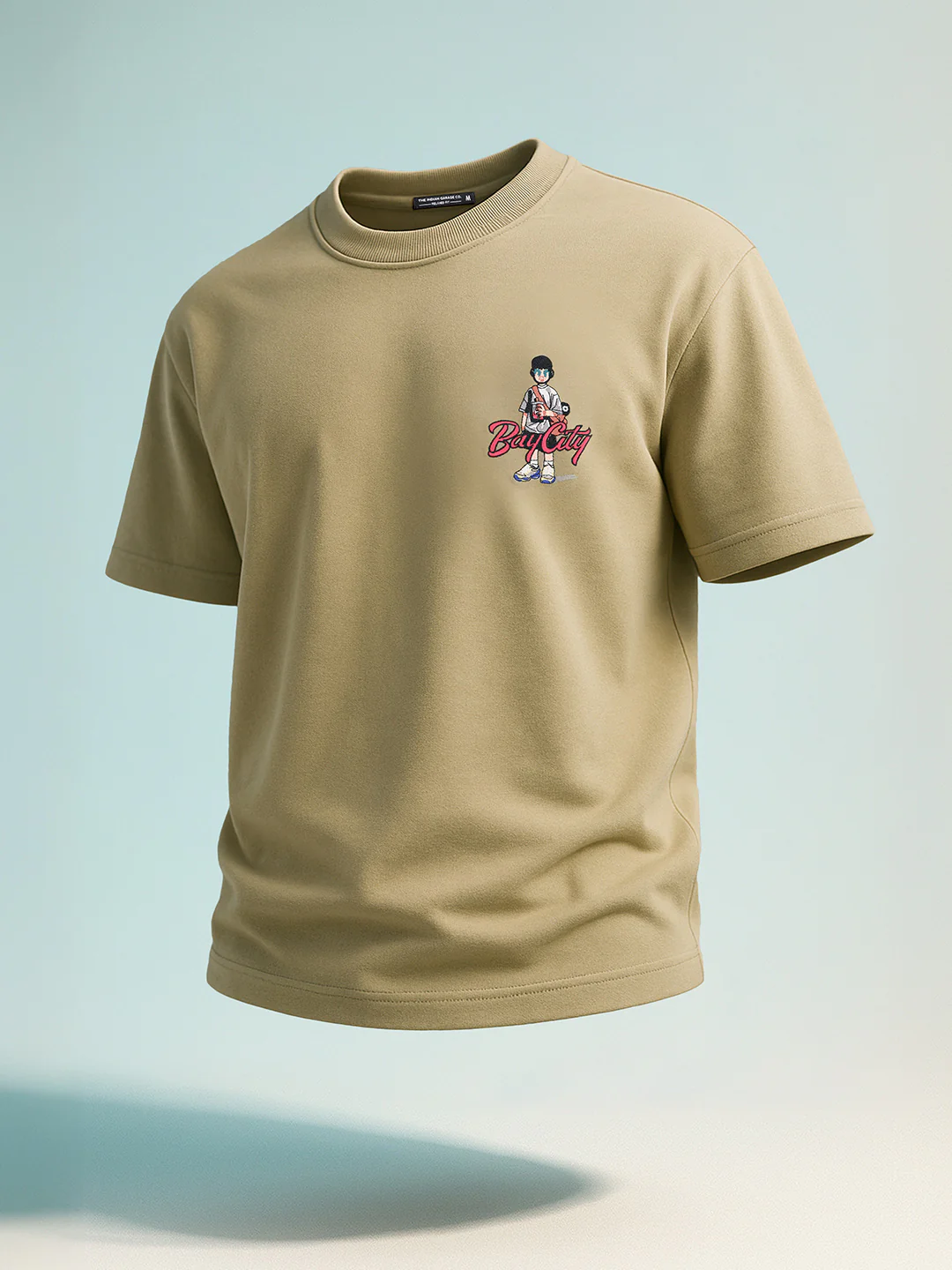 Men's Green Relaxed Fit Embroided 240 GSM Street Wear T-Shirt - Image 2