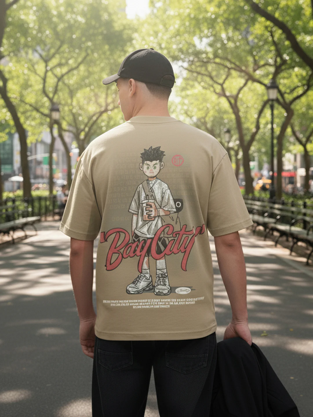Men's Green Relaxed Fit Embroided 240 GSM Street Wear T-Shirt - Image 3