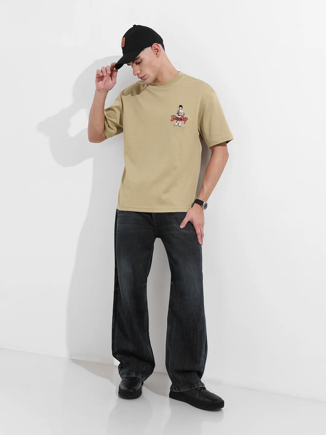 Men's Green Relaxed Fit Embroided 240 GSM Street Wear T-Shirt - Image 5