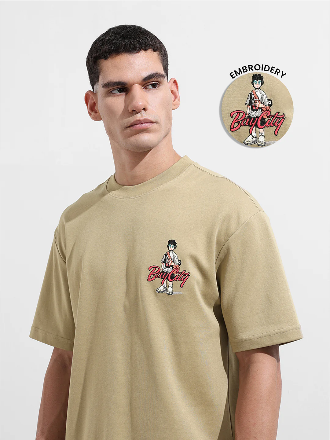 Men's Green Relaxed Fit Embroided 240 GSM Street Wear T-Shirt - Image 7