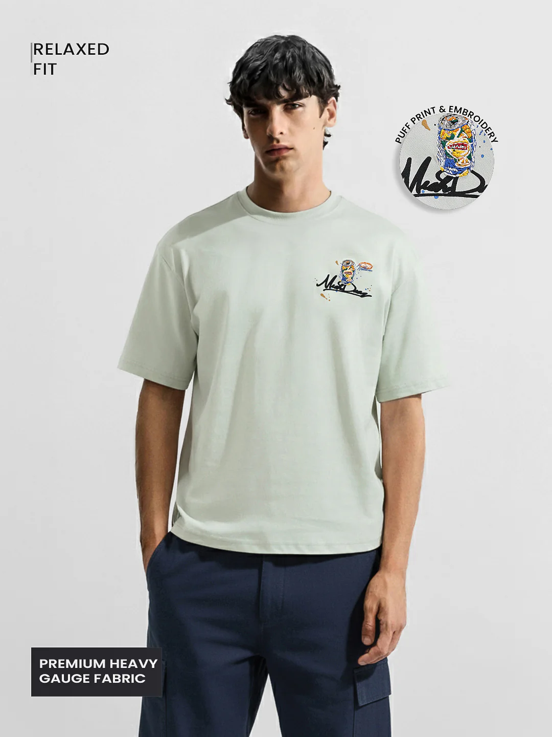 Men's Green Relaxed Fit Embroided 240 GSM Casual T-Shirt - Image 4