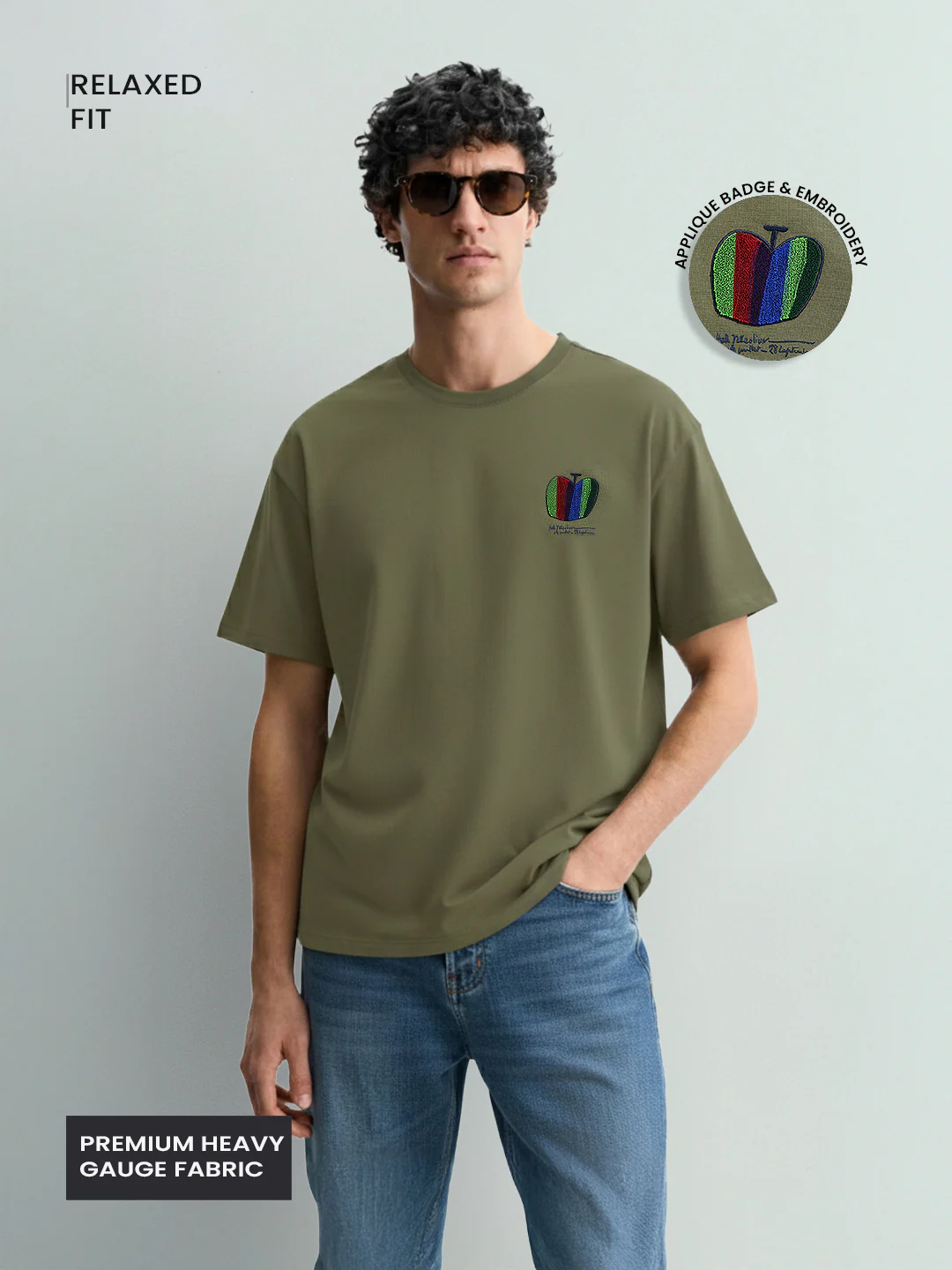 Men's Green Relaxed Fit Embroided 240 GSM Casual T-Shirt - Image 4