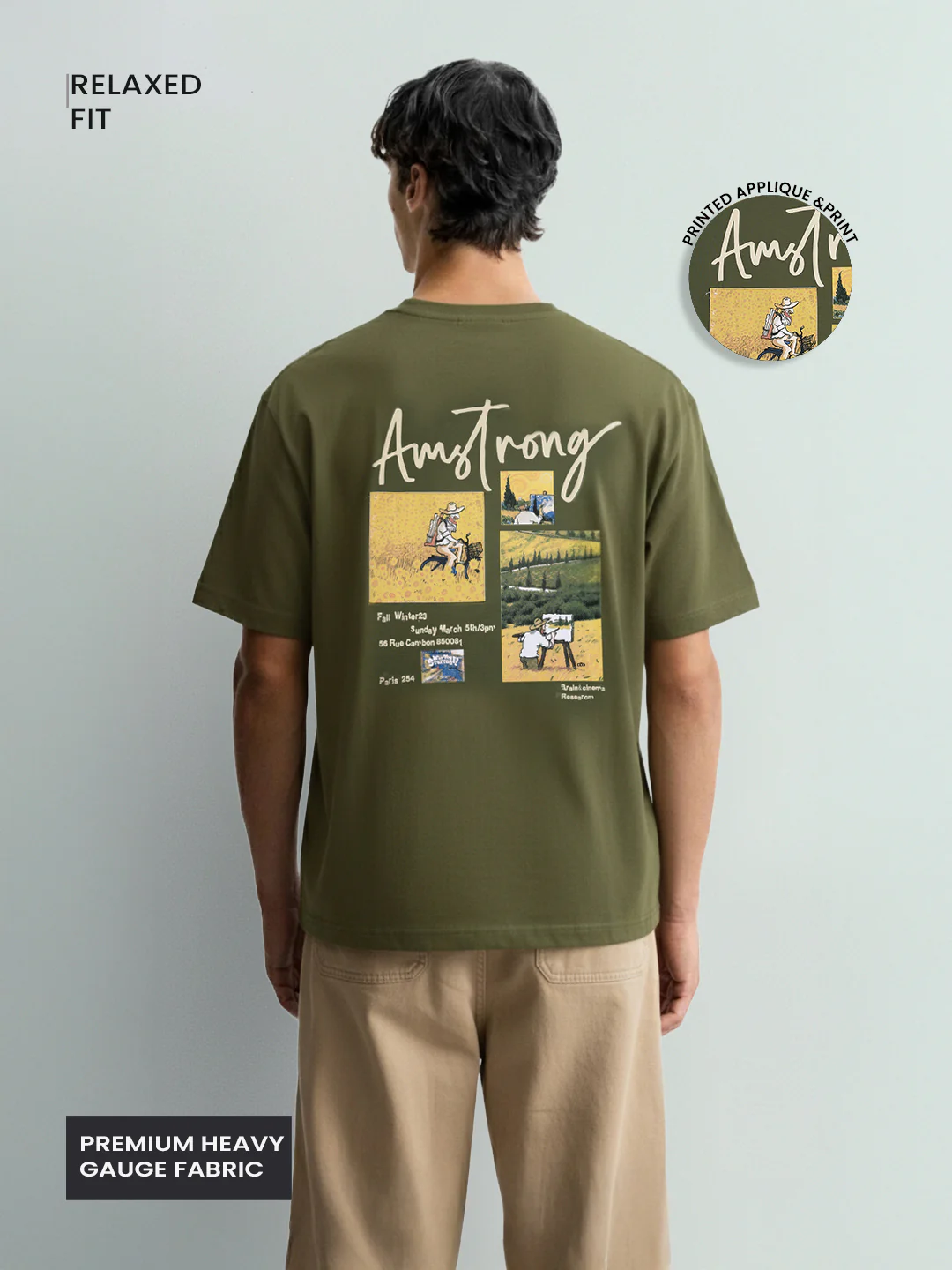 Men's Green Relaxed Fit Embroided 240 GSM Casual T-Shirt - Image 3