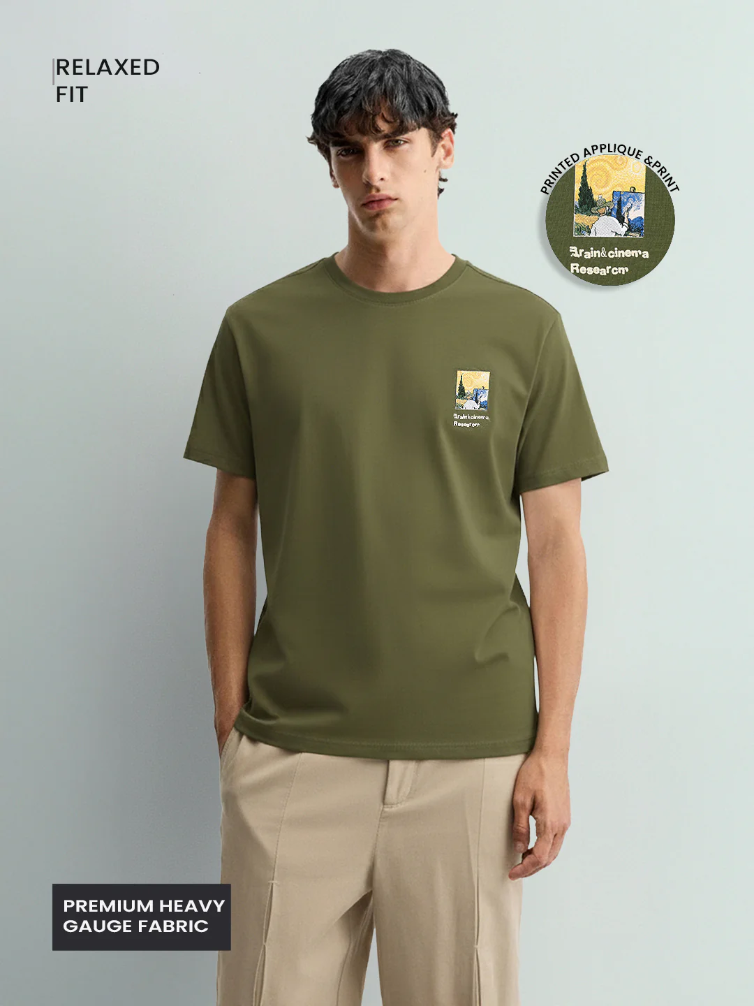 Men's Green Relaxed Fit Embroided 240 GSM Casual T-Shirt - Image 4