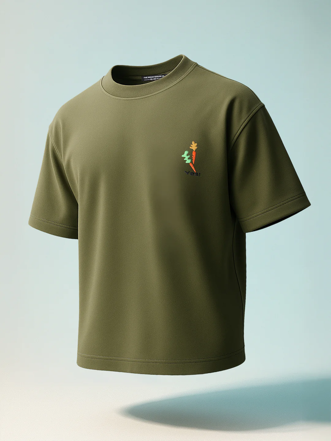 Men's Green Relaxed Fit Embroided 240 GSM Casual T-Shirt - Image 2